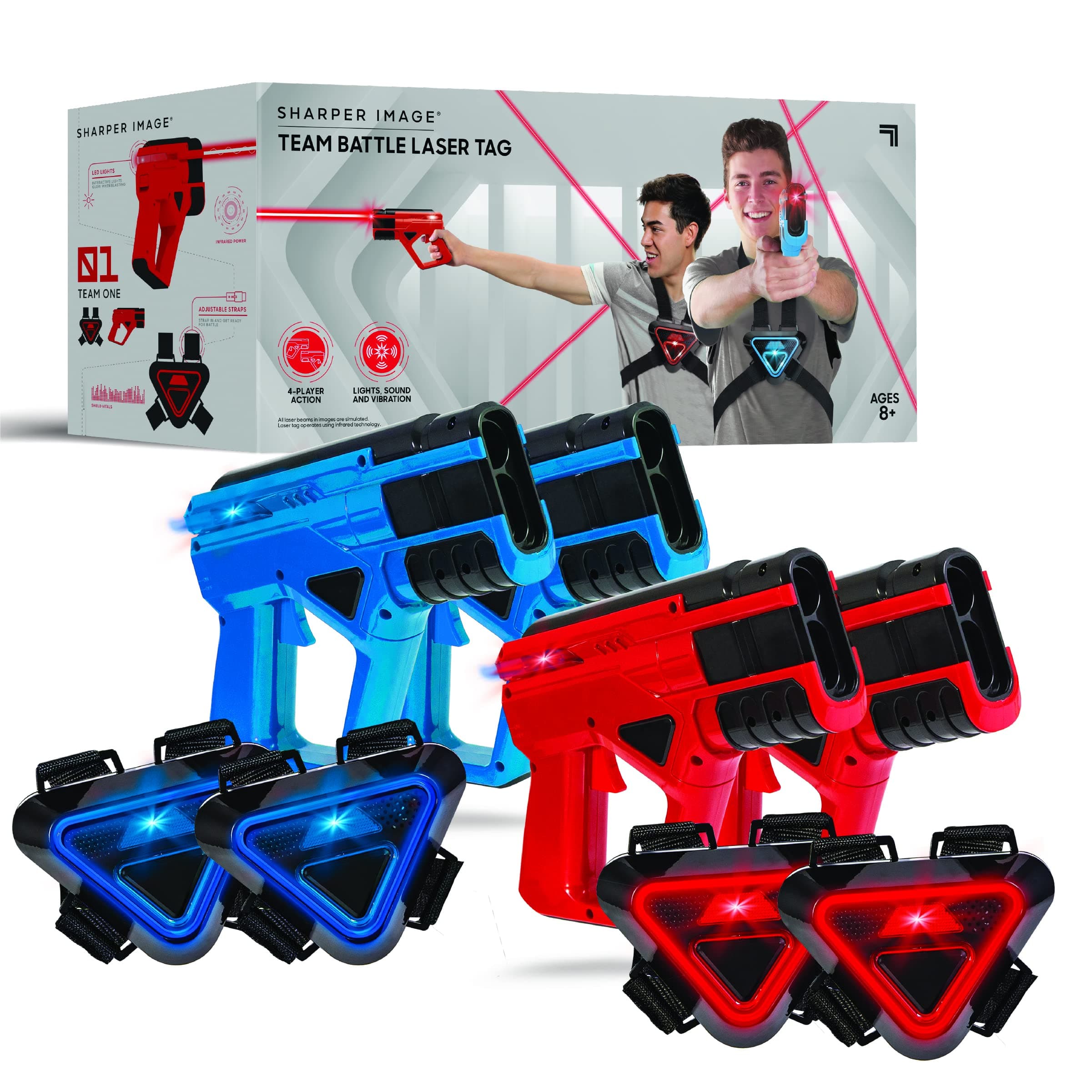 Sharper Image Laser Tag Set, 4-Pack of Blaster Guns & Armor Vests, Safe for Kids & Adults, Indoor & Outdoor Battle Game, Multiplayer Team Mode, Fun Party Activity, Cool Electronic Toy Gift, Ages 8+
