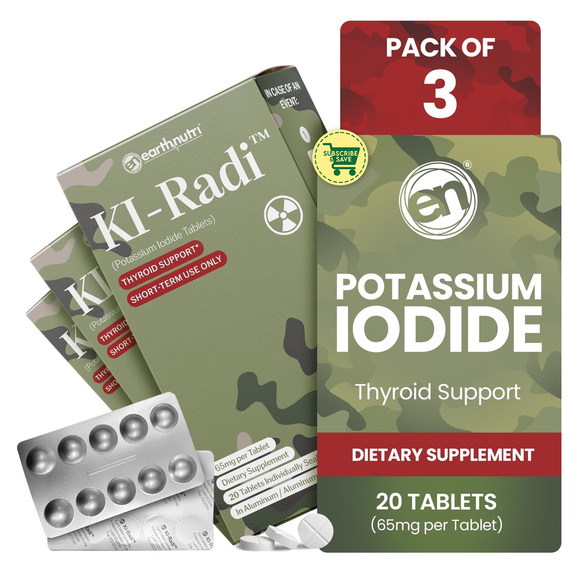 EarthNutri KI-Radi™ Potassium Iodide KI Tablets 65 mg – High Potency Iodine for Thyroid Support, Emergency Preparedness – Potassium Supplement in Foil-Foil Blister – 60 Tablets (3 Pack of 20)