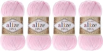 Alize Diva Thread Crochet Hand Knitting Lot of 4 skn 400gr 1532yds 100% Microfiber Acrylic Color (185 Baby Pink)