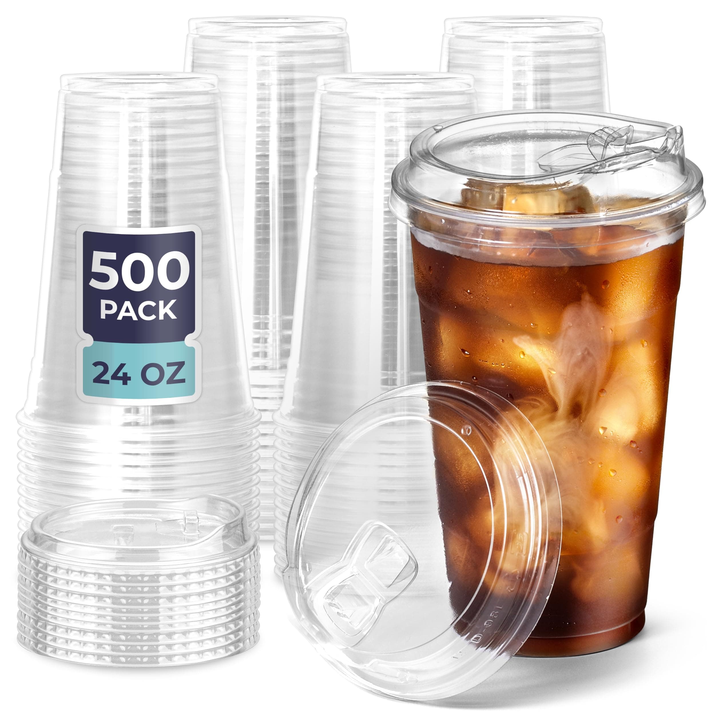 Fit Meal Prep500 Pack 24 oz Clear Plastic Cups with Strawless Sip Lids, Disposable Plastic Coffee Cups with Lids, To Go Cups for Iced Coffee, Smoothies, Party Drinks, Soda, Bubble Tea, Cold Beverage