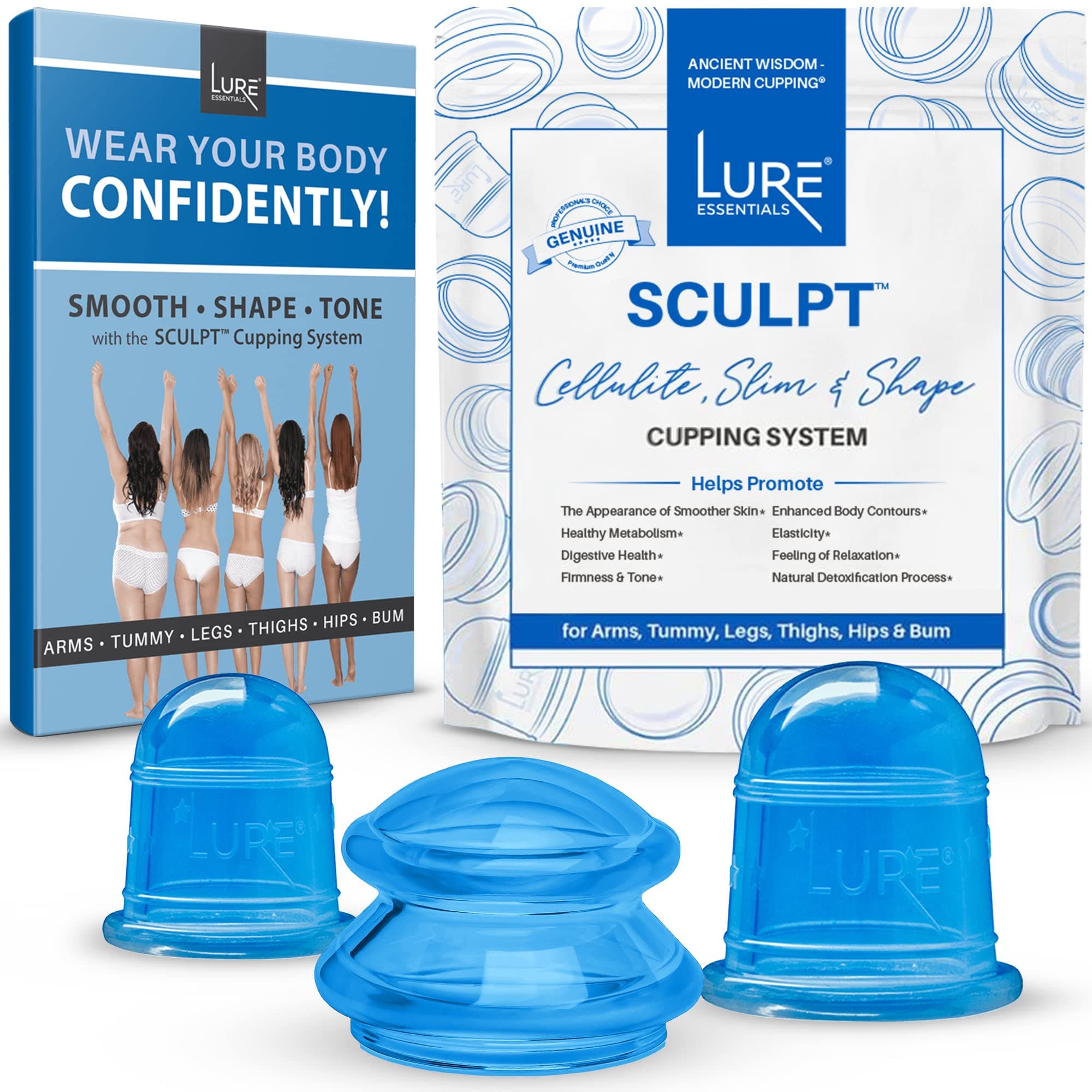 Lure Anti Cellulite Cupping Therapy Set - Massager Cupping Kit with 3 Silicone Massage Cups - Cellulite Cupping Sets Use with Cellulite Oil - Sculpt Shower Silicone Cupping Set