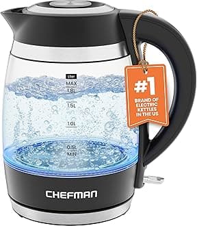 Chefman Electric Kettle, 1.8L 1500W, Fast Boil Hot Water Kettle, Original USA Brand, Borosilicate Glass, LED Indicator, Auto Shut-Off, Cool-Touch Handle, Dry-Boil Protection, Easy Removable Lid