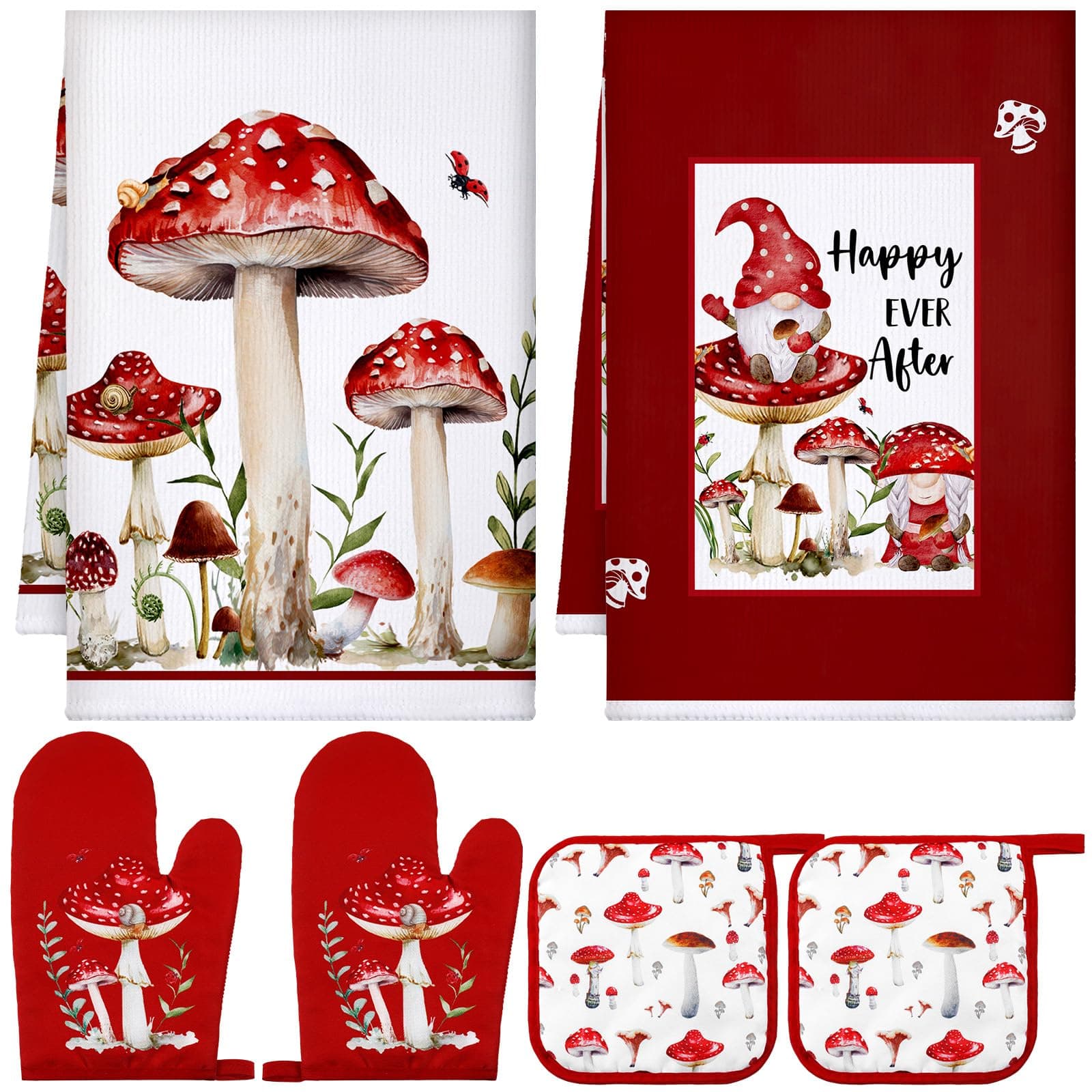 Bencailor 6 Pcs Christmas Theme Kitchen Towel Set Dish Hand Towels Pot Holders and Oven Mitts Set for Christmas Kitchen Cooking Baking Grilling(Christmas Mushroom Theme)