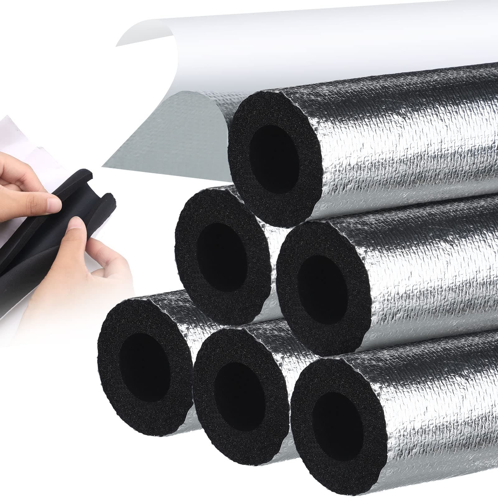 Kingdder 6 Pcs Pipe Insulation Foam Tube Self Adhesive Insulation Wrap for Copper Pipe Pre Slit Clamp Highly Insulated Foam for Outdoor Winter Irrigation, Sprinkler(1.3 Ft x 0.6 Inch)
