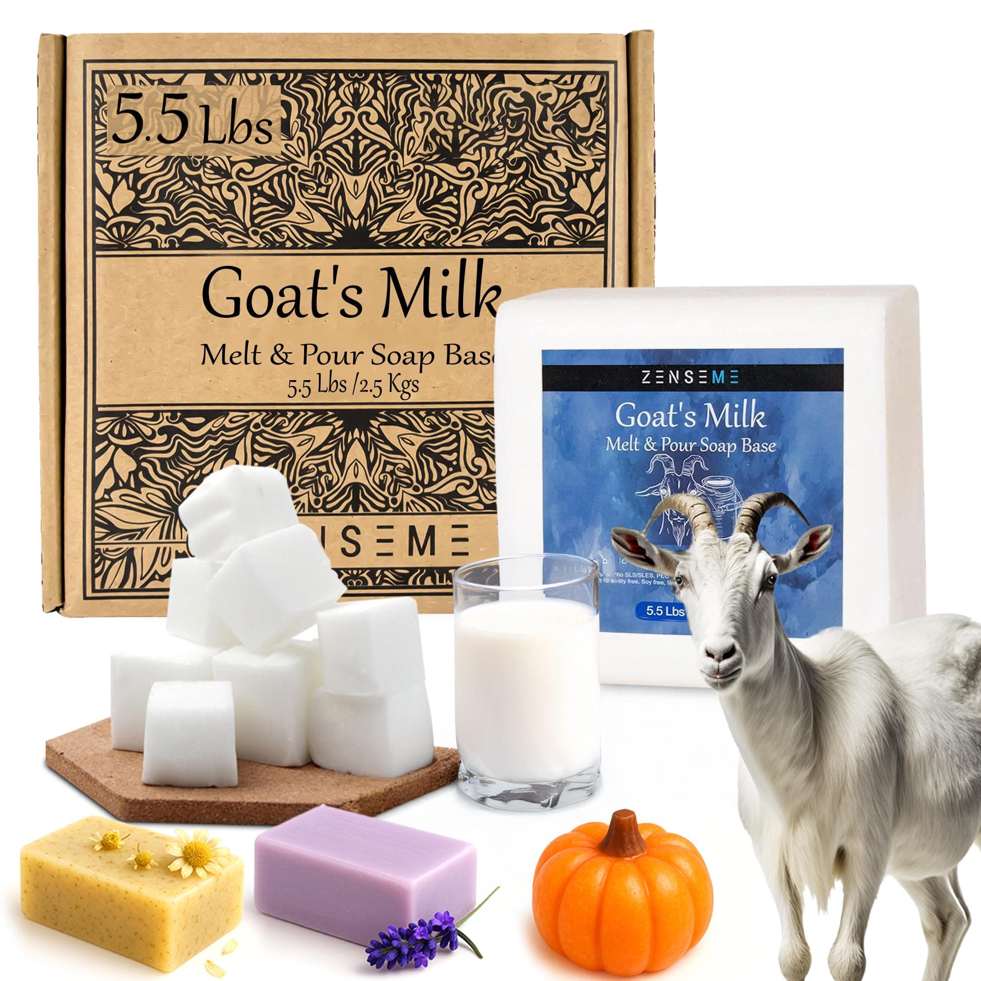 ZenseMe 5.5 LBS Goats Milk Soap Base - Melt and Pour Supplies Kit for Soap Making - SLS/SLES & PEG free - Gentle & Foamy - Make Your Own Bulk For Adult Soapmaker - Easy to Cut