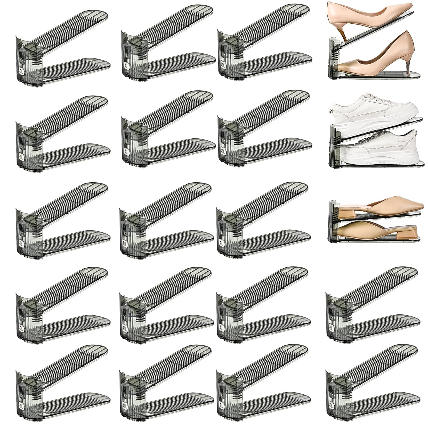 Uni HIMO Shoe Slots Organizer, Clear Shoe Stacker, Adjustable Level Shoe Rack,Storage Space Saver for Sneakers Display (Grey Transparent, 20Pack)