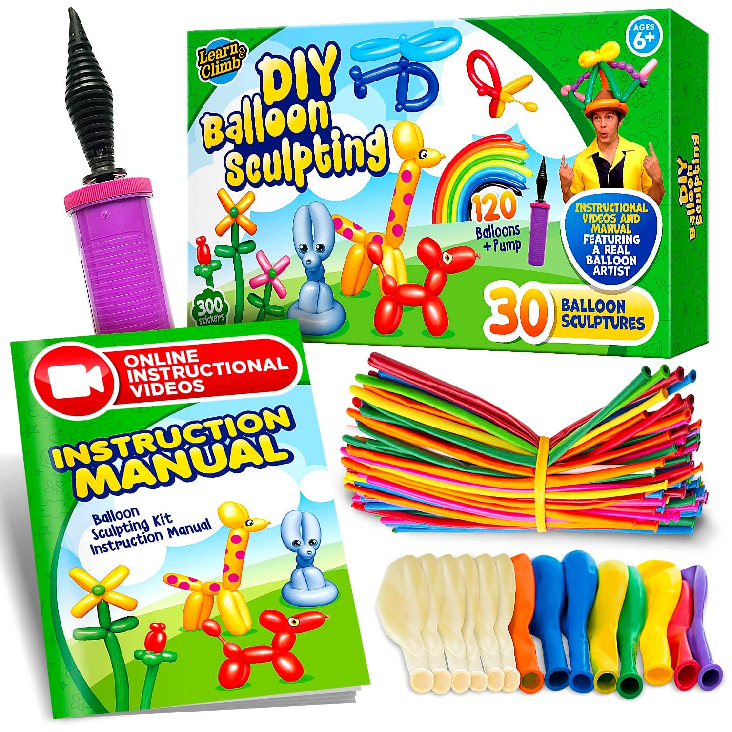 Learn & Climb DIY Balloon Animal Kit for Beginners. Fun Twisting & Modeling Activity for Party. Makes 30+ Sculptures, Pump and Manual Included. Gift for, Teens Boys and Girls. 120 Pieces.