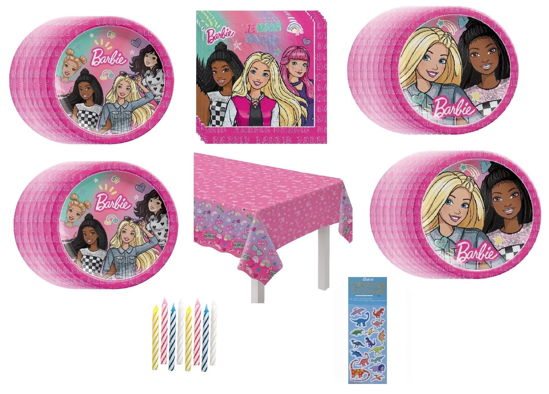 Amscan Barbie Dream Birthday Party Supplies Bundle Pack includes Dessert Plates, Lunch Plates, Napkins, Table Cover, Candles (Bundle for 16)