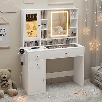 Makeup Vanity Desk with Mirror and Lights, White Vanity with Glass Top, Jewelry Storage, Power Outlets, 3 Drawers & 2 Cabinets, Adjustable LED Lighting, Dressing Table for Women & Girls Bedroom