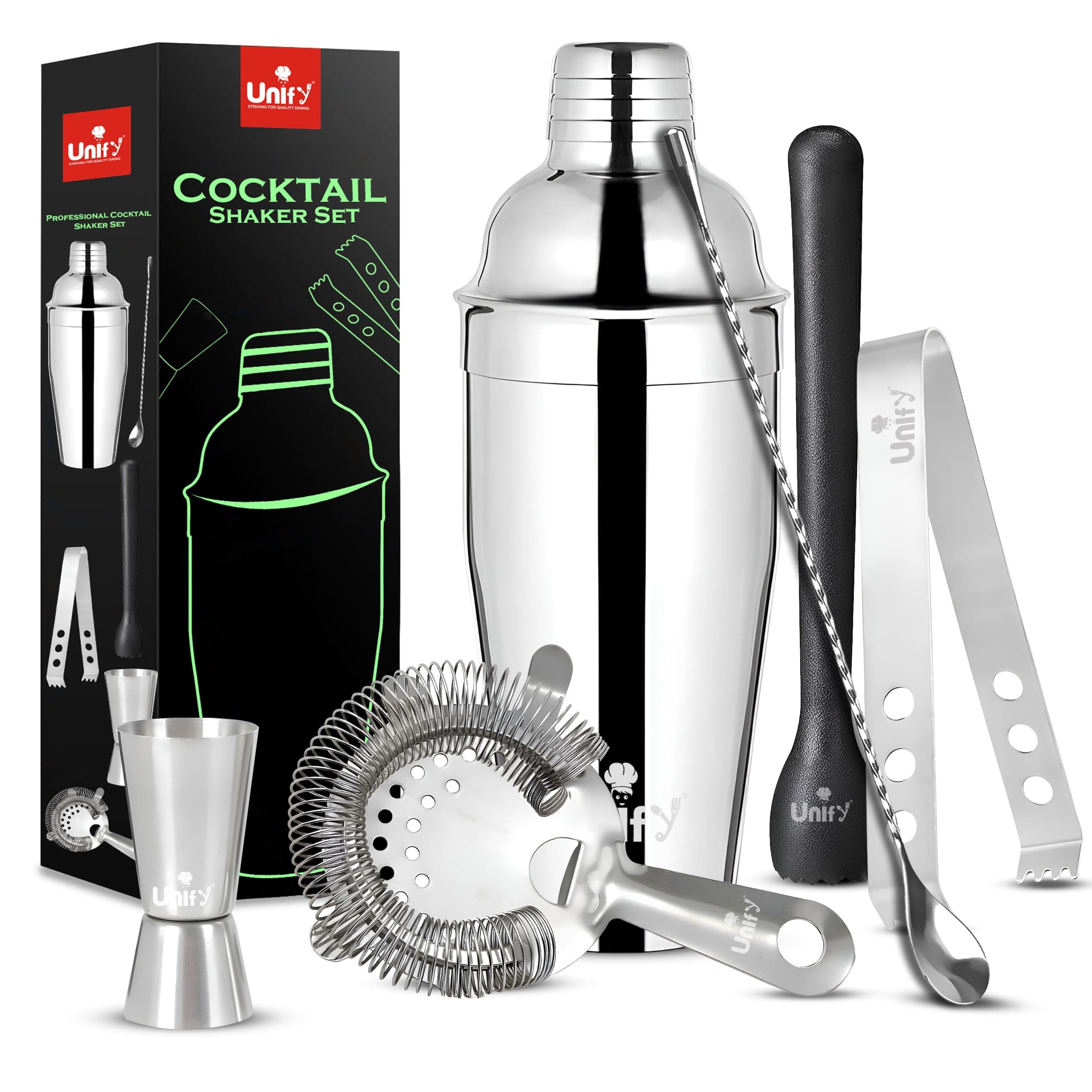 Unify 6 Pieces Stainless Steel Bartender Kit | Premium Cocktail Shaker Set for Home Bar & Parties | Includes Peg Measurer 30/60ml, Bar Spoon, Ice Tong, Muddler, Strainer | Professional Bar Tool Set