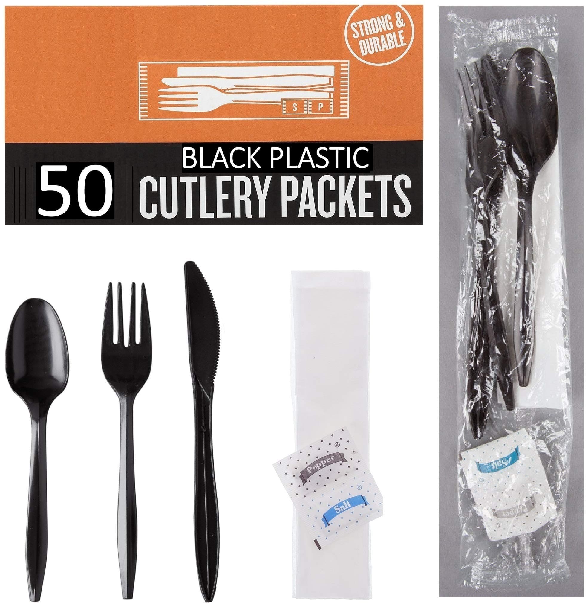 50 Plastic Cutlery Packets - Knife Fork Spoon Napkin Salt Pepper Sets | Black Plastic Silverware Sets Individually Wrapped Cutlery Kits, Bulk Utensil Cutlery Set Disposable To Go Silverware