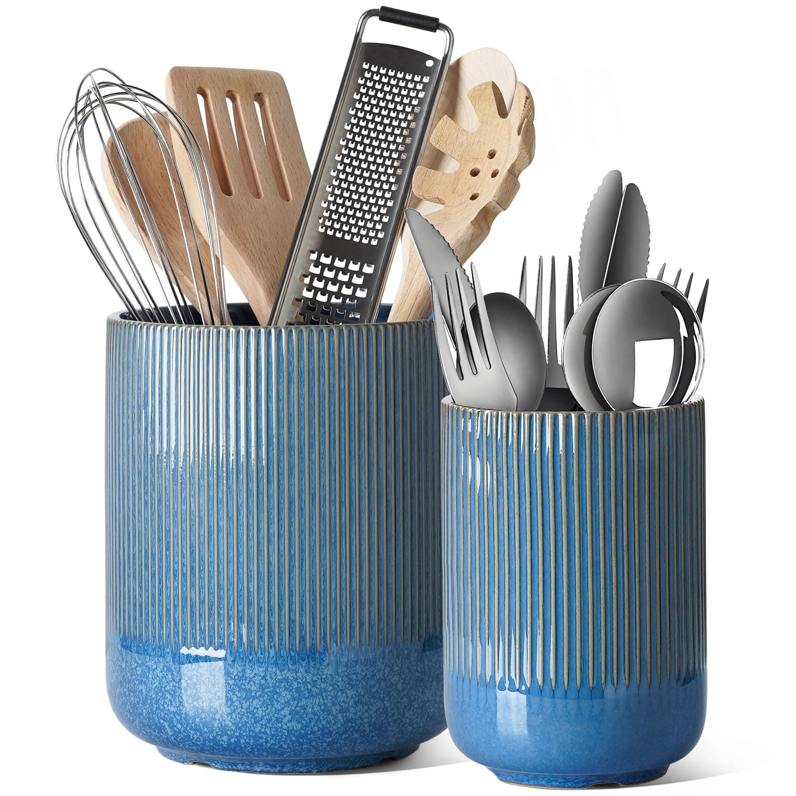 LE TAUCI Utensil Holder, 7.3"+5.4" Ceramic Kitchen Utensil Holder for Countertop, Large Cooking Utensil Crocks Gift for Mother's Day, Costal Ocean Home Kitchen Decor, Set of 2,Glaze Marble Blue