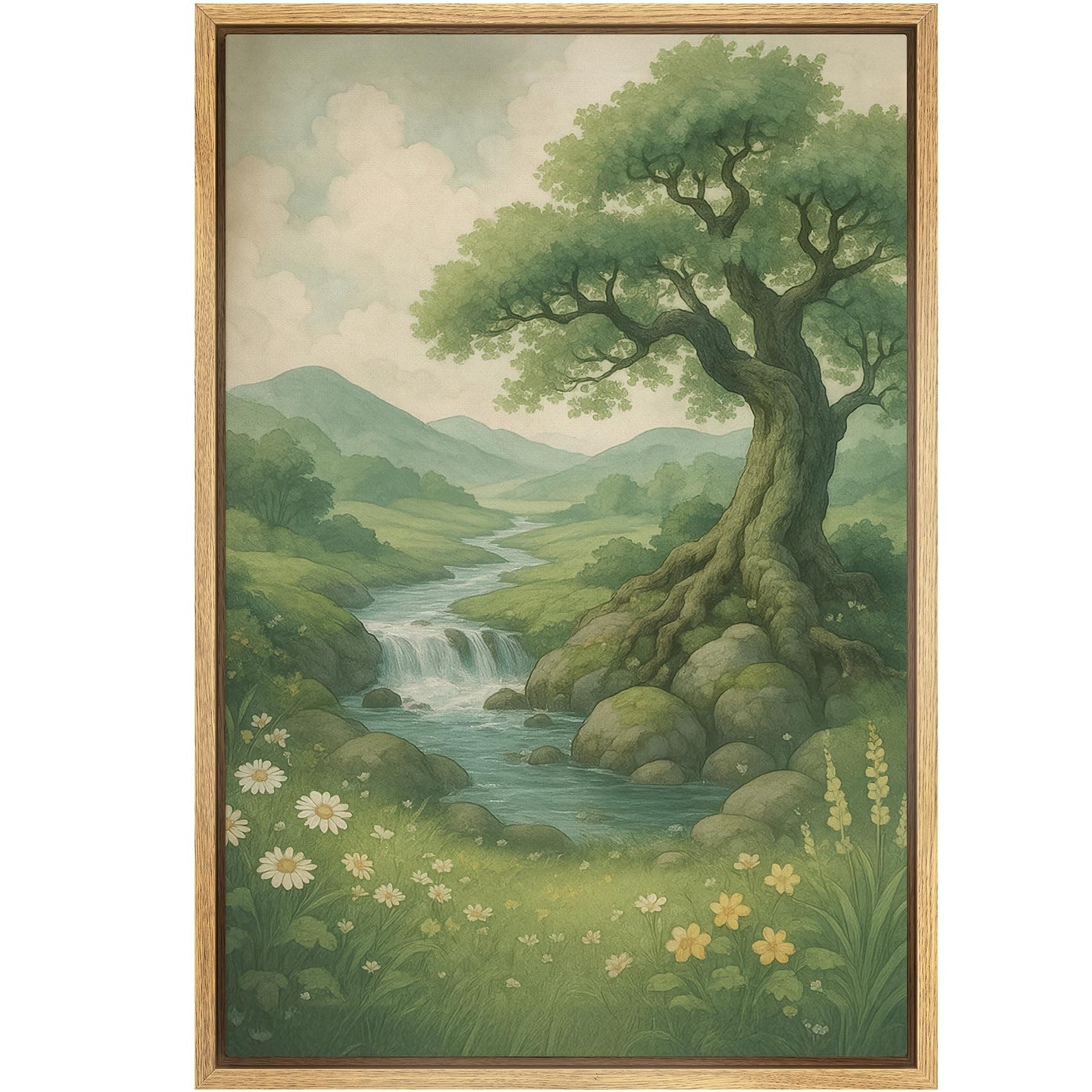 SIGNFORD Framed Canvas Print Wall Art Enchanted Tree and River Whimsical Forest Scene with Flowers and Waterfall Illustrations Modern Art Decorative for Living Room, Bedroom, Office - 16"x24" Natural
