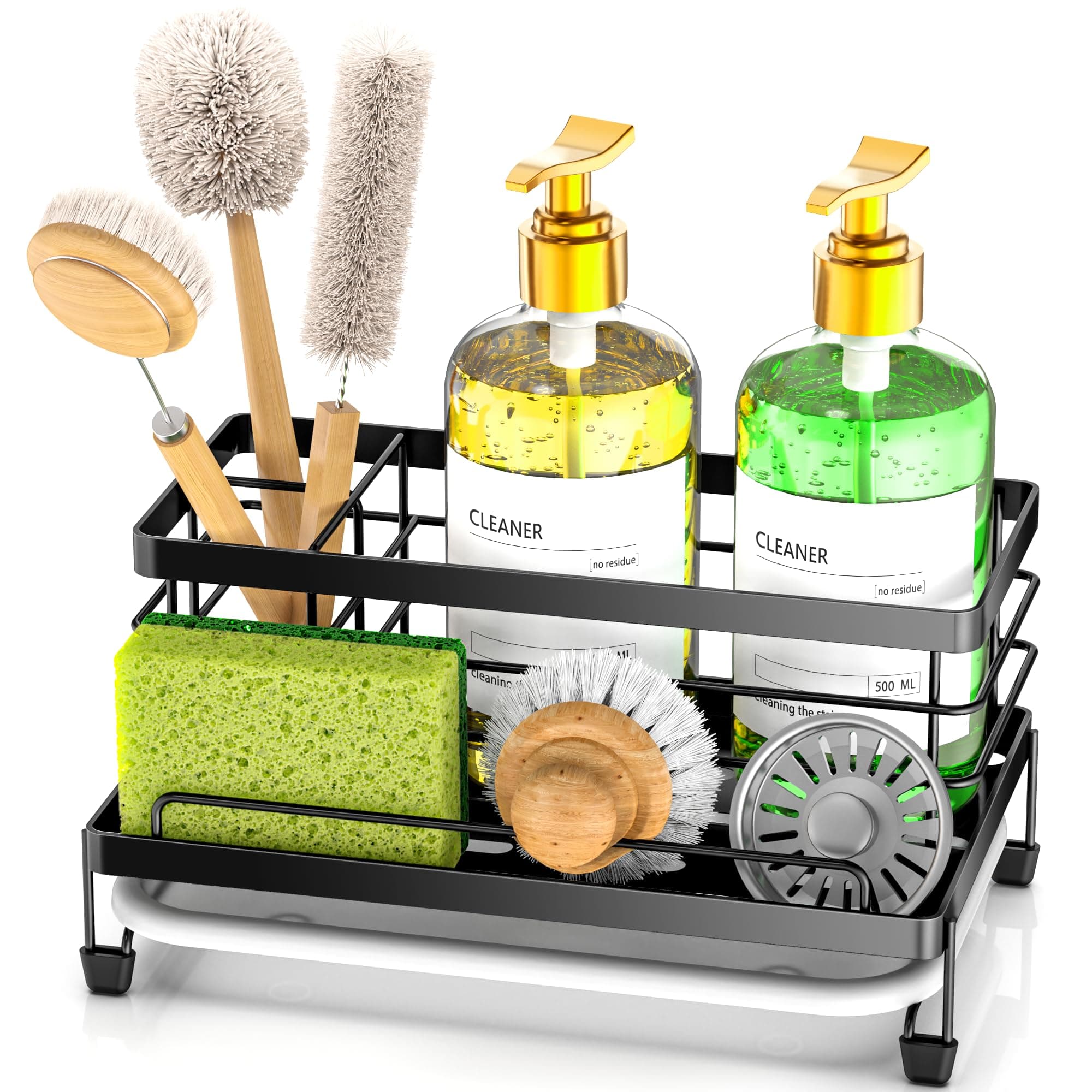 Sponge Holder for Kitchen, Sink Caddy Organizer, Kitchen Sink Accessories with Drip Tray, Rustproof and Non-slip Kitchen Sink Sponge Holder, Kitchen Essentials for New Home（Matte Black