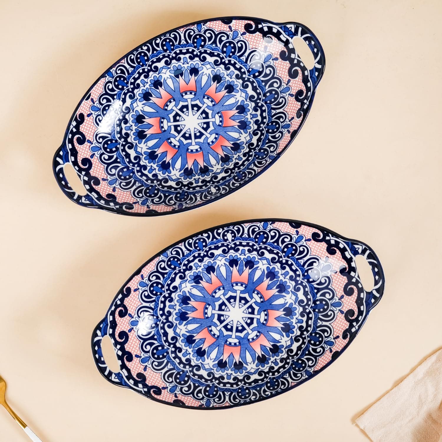 Set of 2 Blue Mandala Design Ceramic Serving Platter with Handles for Snacks, Appetizers, Salads, and Noodles | Microwave Safe, Dishwasher Safe (10.8 Inch)