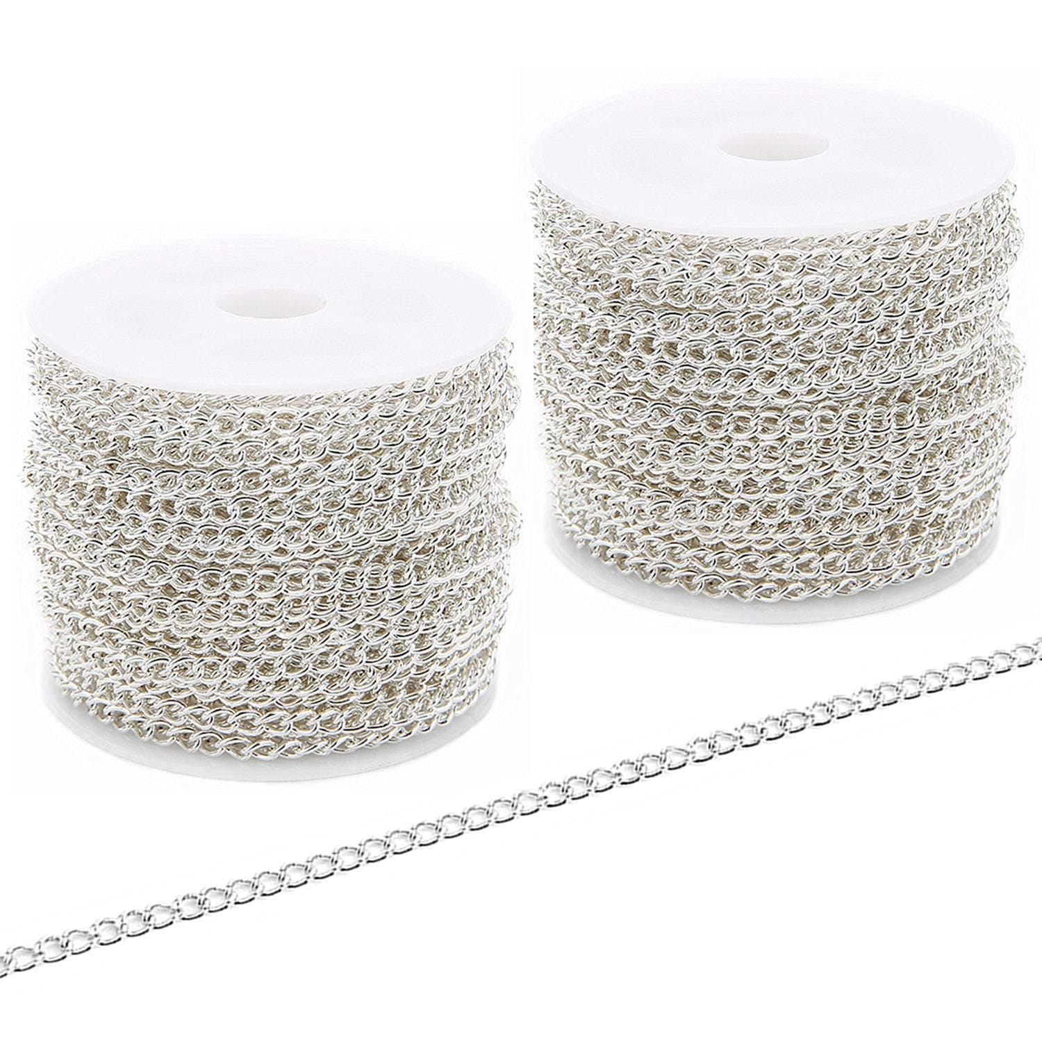 SWTOOL 60 Feets /20 Yards Metal Silver Link Chains, Iron Bulk Curb Chain for DIY Craft Jewelry Chain Making, 2 Rolls x 10 Yards (Silver)