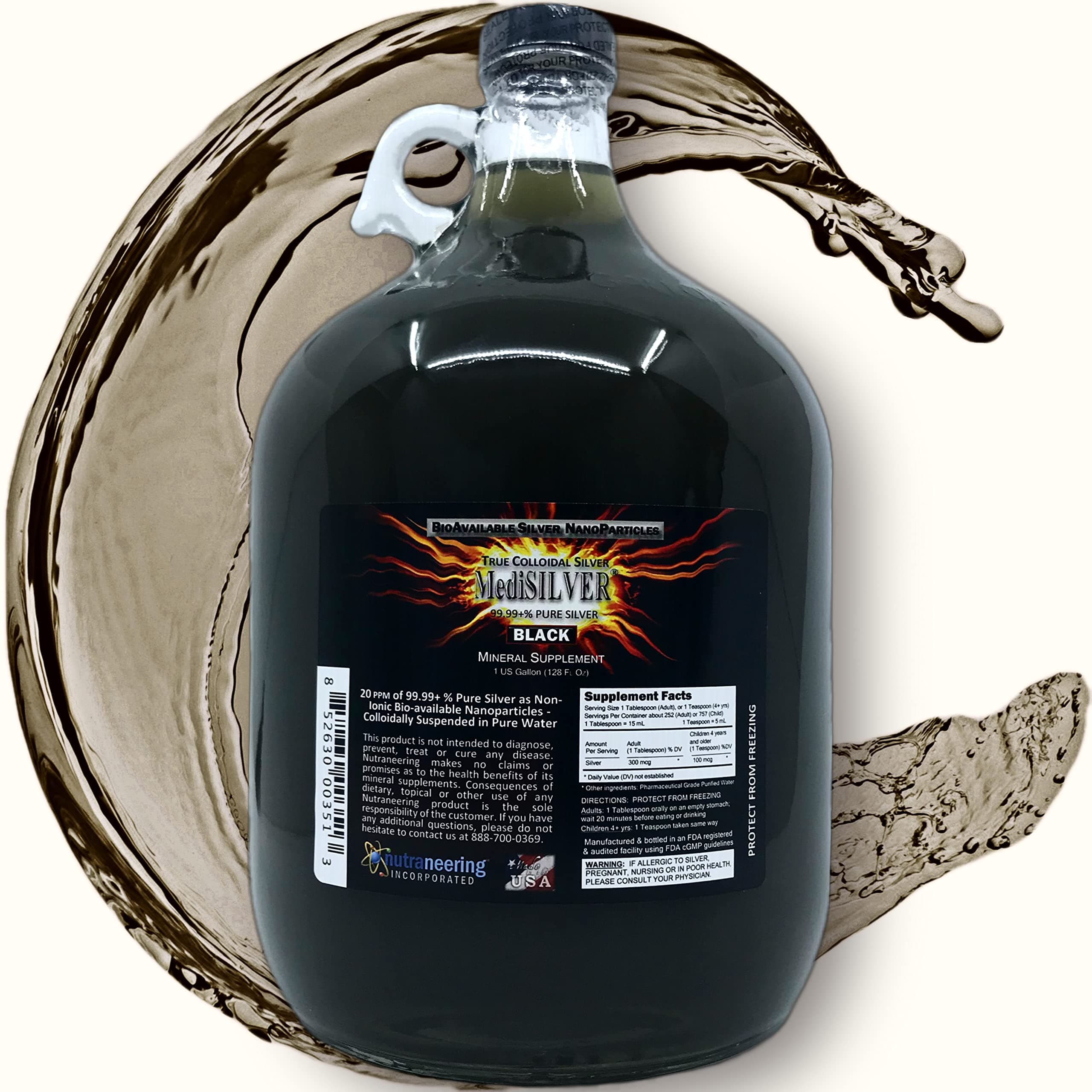 MediSILVER BLACK True Colloidal Silver Dietary Supplement - 1 US Gallon in Clear Glass Jug