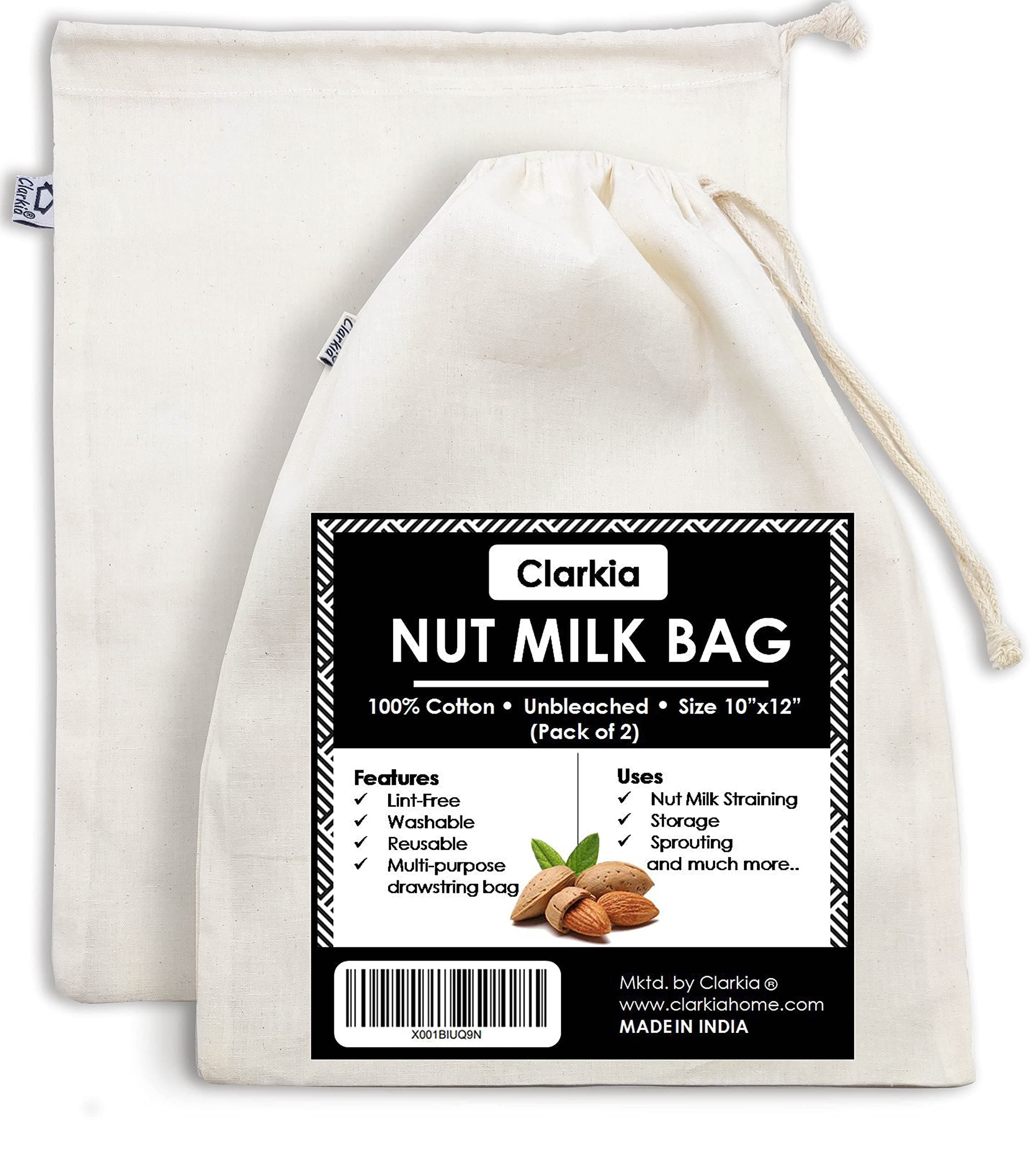 Cotton Unbleached Drawstring Nut Milk Bag - 10x12in, 2 Piece (White)