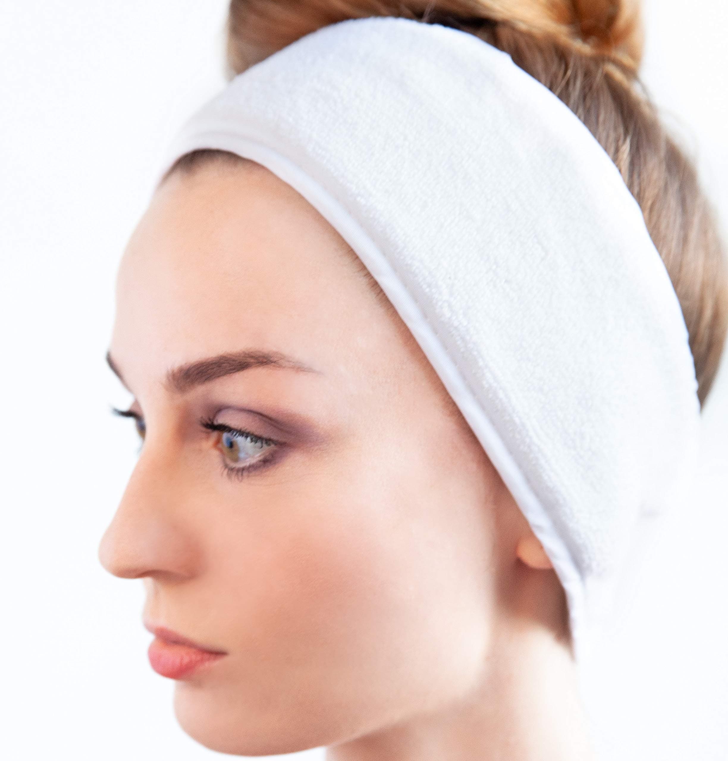 Spa Towel Headband Wrap Stretch Terry Cloth with Adjustable Tape for Bath, Facial, Makeup and Sport, 3 Pieces (White)