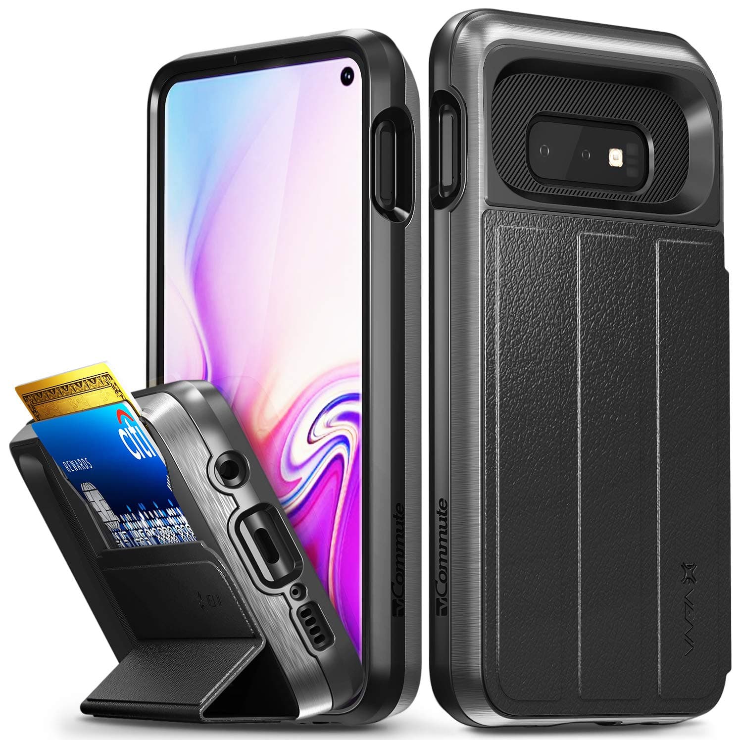 Vena Galaxy S10E Wallet Case, vCommute (Military Grade Drop Protection) Flip Leather Cover Card Slot Holder with Kickstand Designed for Samsung Galaxy S10e - Space Gray