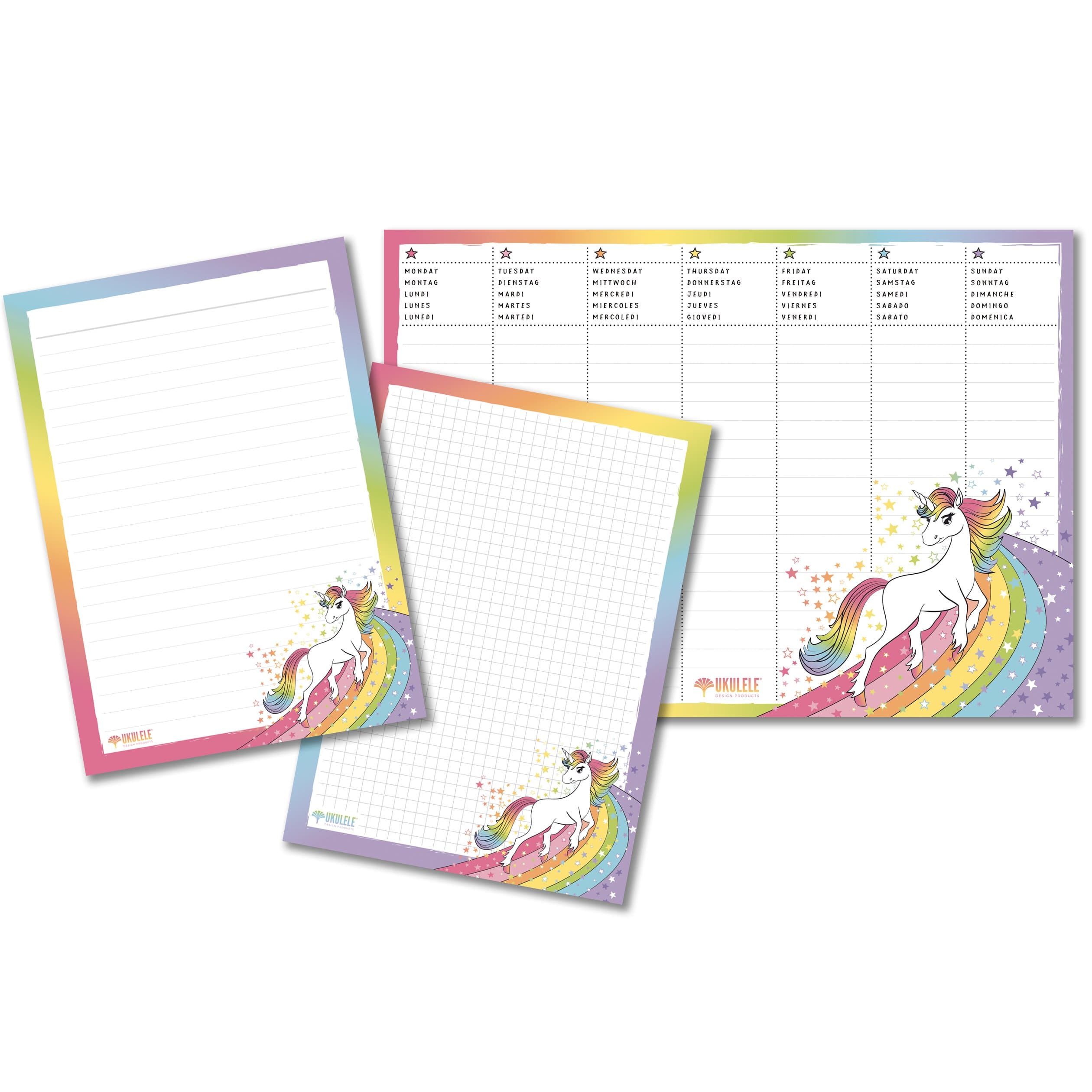 Ukulele Unicorn Planner Blocks Set of 3: 1X Plain A4 | 1x Notebook A5 Ruled Weekly Planner 1x Notebook DIN A5 Squared Each 50 Tear-Off Sheets for Children's, Girls and Adults