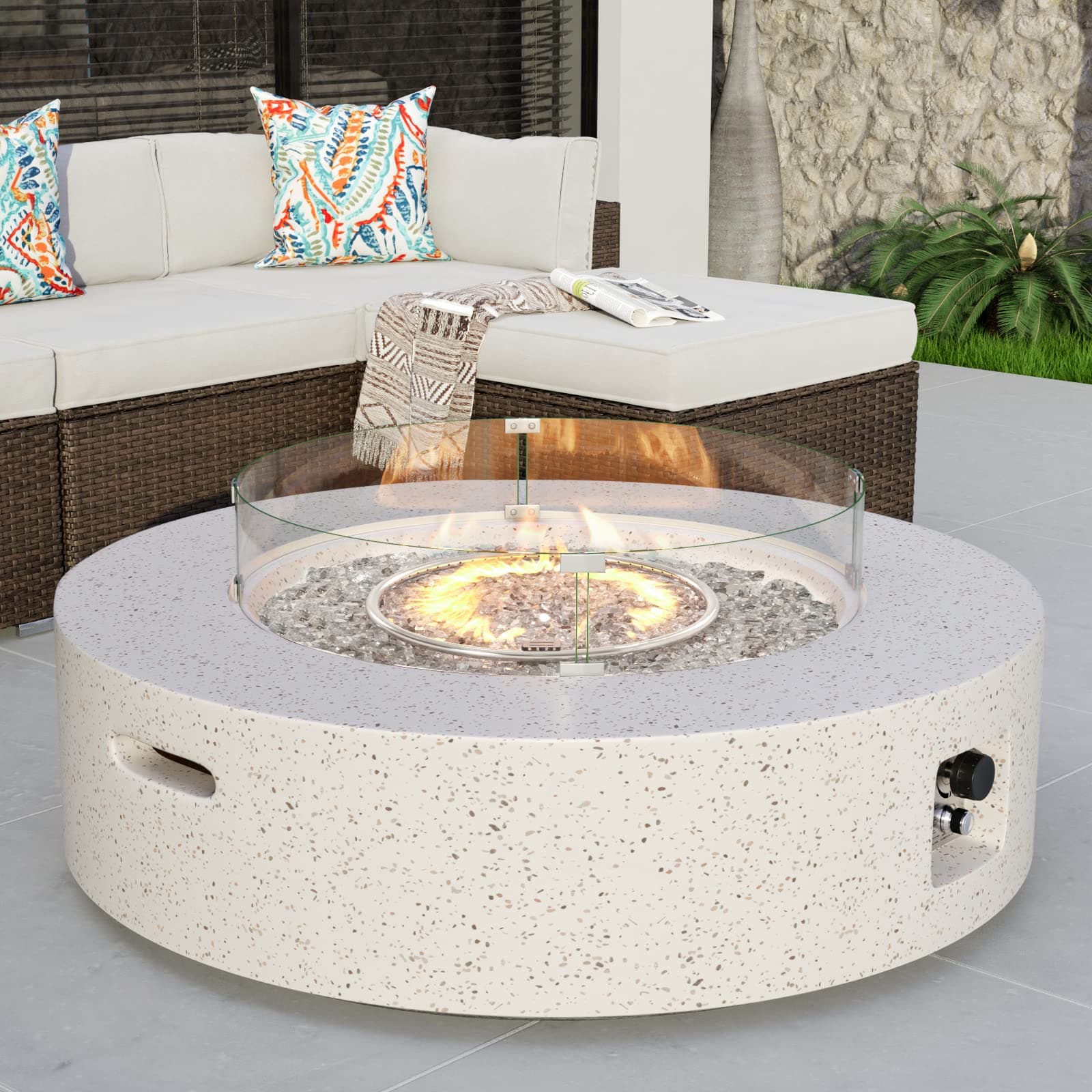 COSIEST Outdoor Propane Fire Pit Coffee Table w Terrazzo White 42 inch Round Base Patio Heater, Certified, 50,000 BTU Stainless Steel Burner, Wind Guard, Transparent Gray Fire Glass, Rain Cover