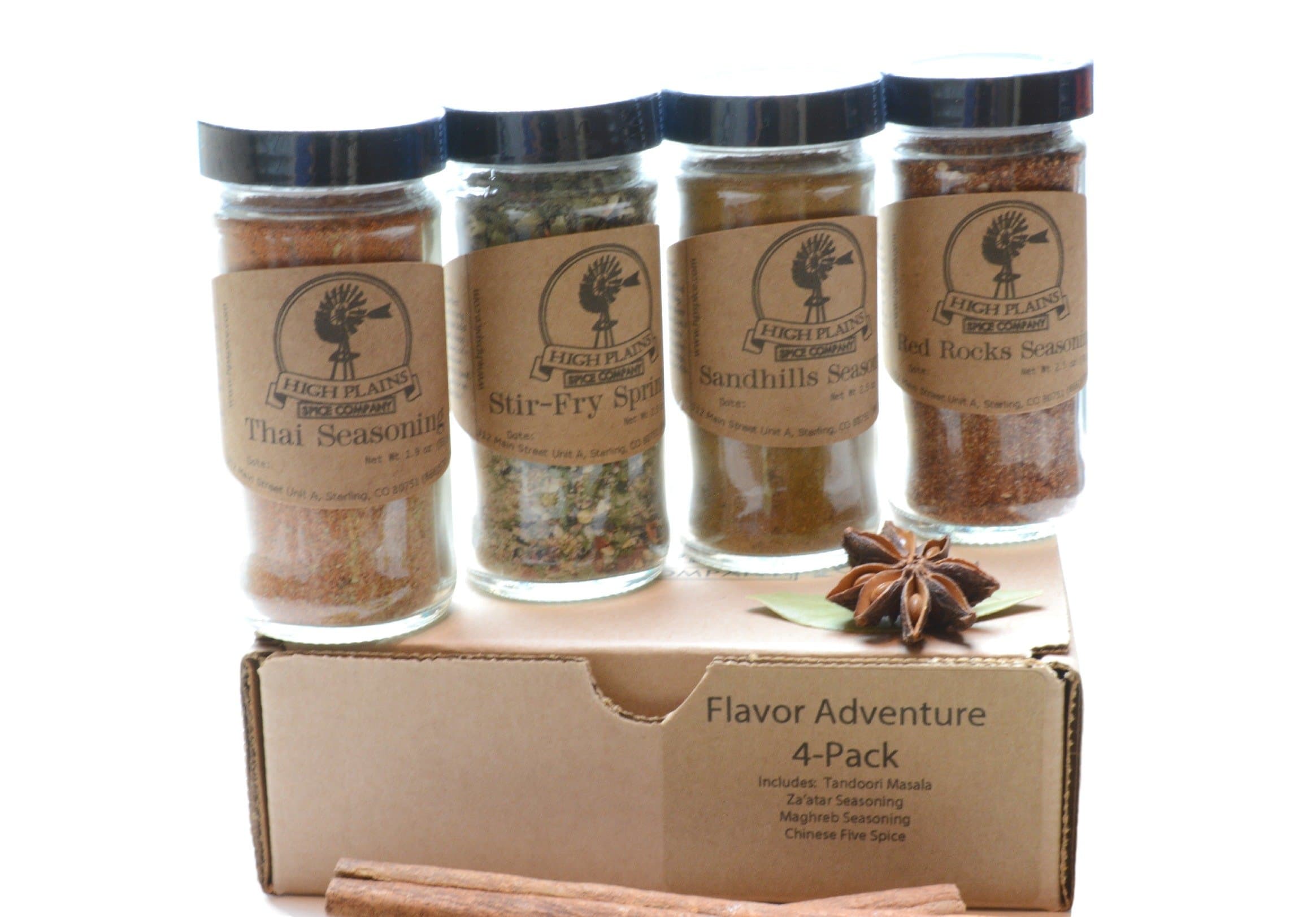 Flavor Adventure 4-Pack Gift Set of 4 ~ Gift Set by High Plains Spice Company ~ Gourmet Meat and Veggie Spice Blends & Rubs For Beef, Chicken, Veggies & All Recipes ~ Spice Blends In Colorado