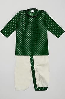 superminis Boy's Cotton Kurta with Dhoti - Golden Thread Work, Solid Round Collar, Full Sleeves, Side Button Kurta Set for Ethnic Wear