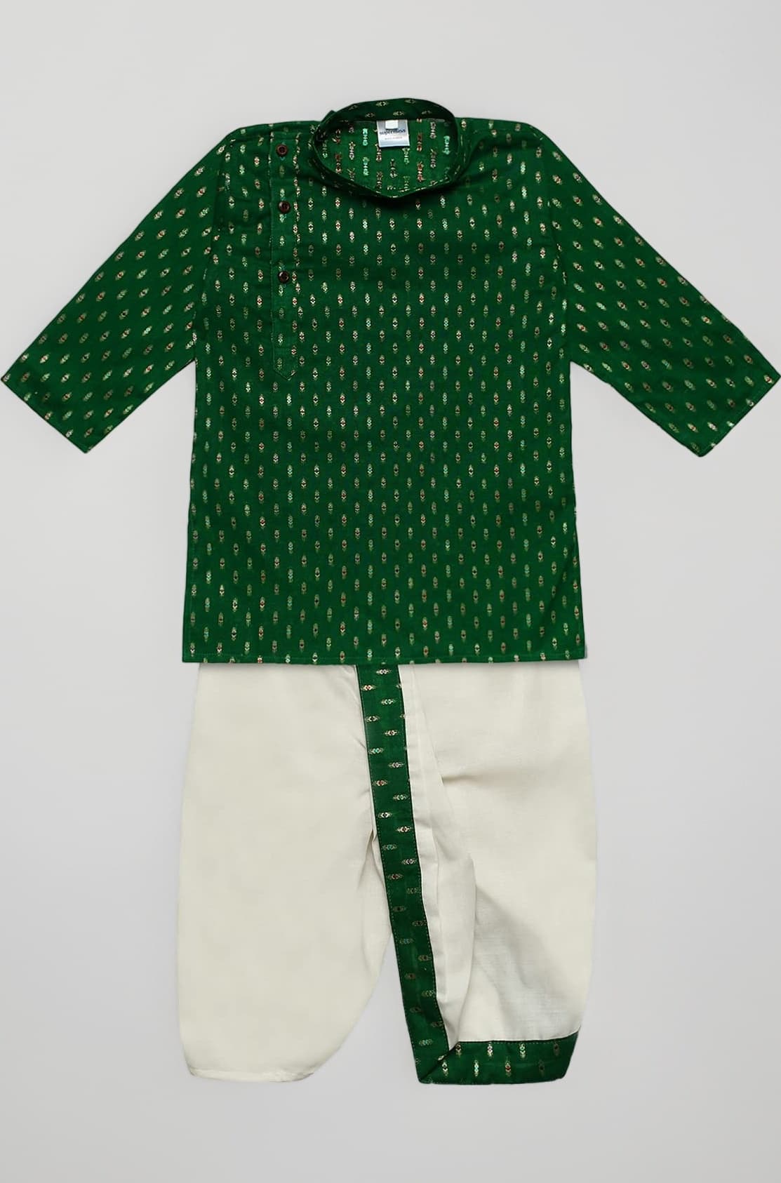 superminis Boy's Cotton Kurta with Dhoti - Golden Thread Work, Solid Round Collar, Full Sleeves, Side Button Kurta Set for Ethnic Wear