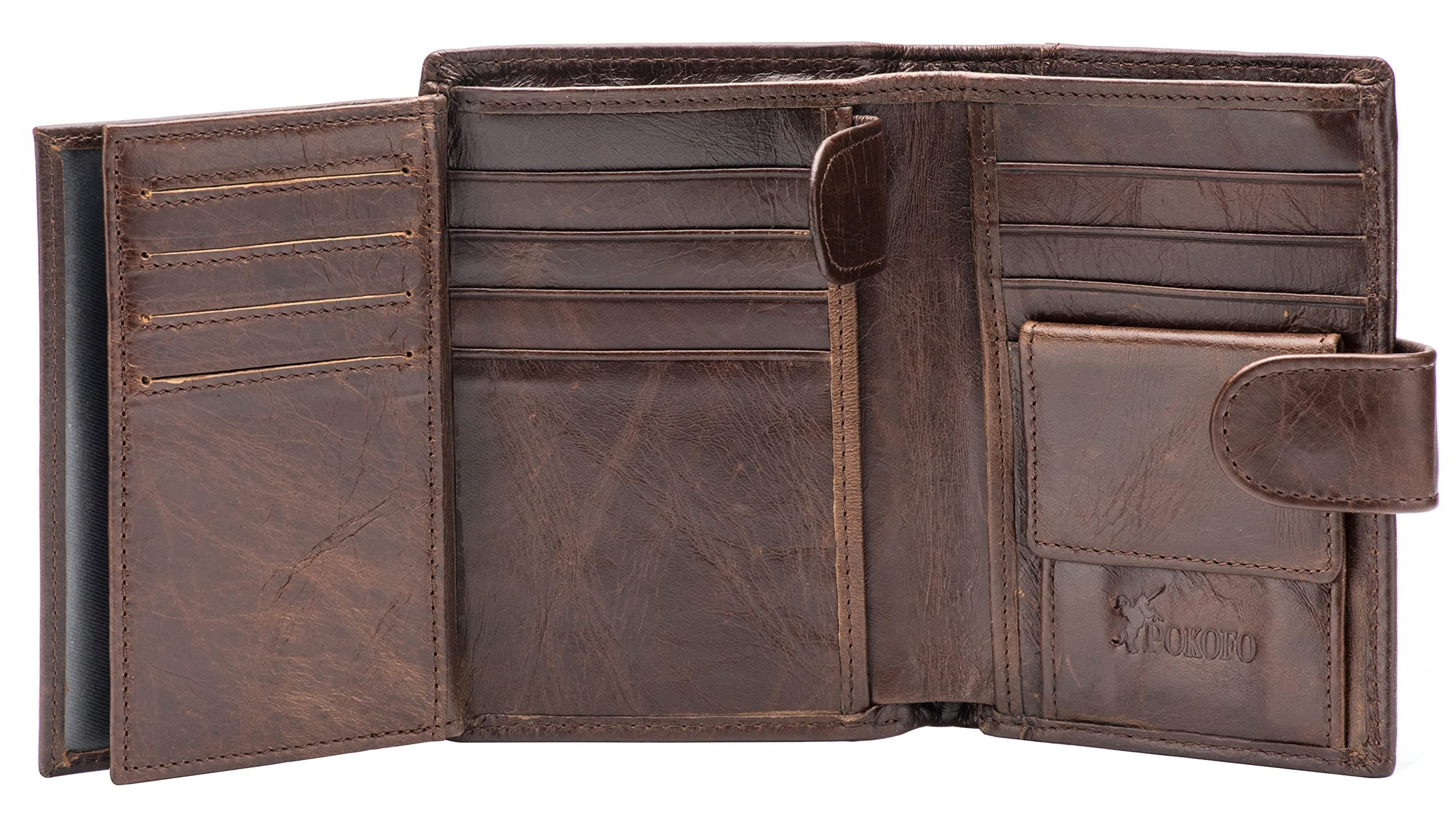 Large RFID Genuine Leather Card Holder Trifold Wallet Snap Closure 3 ID Windows for men