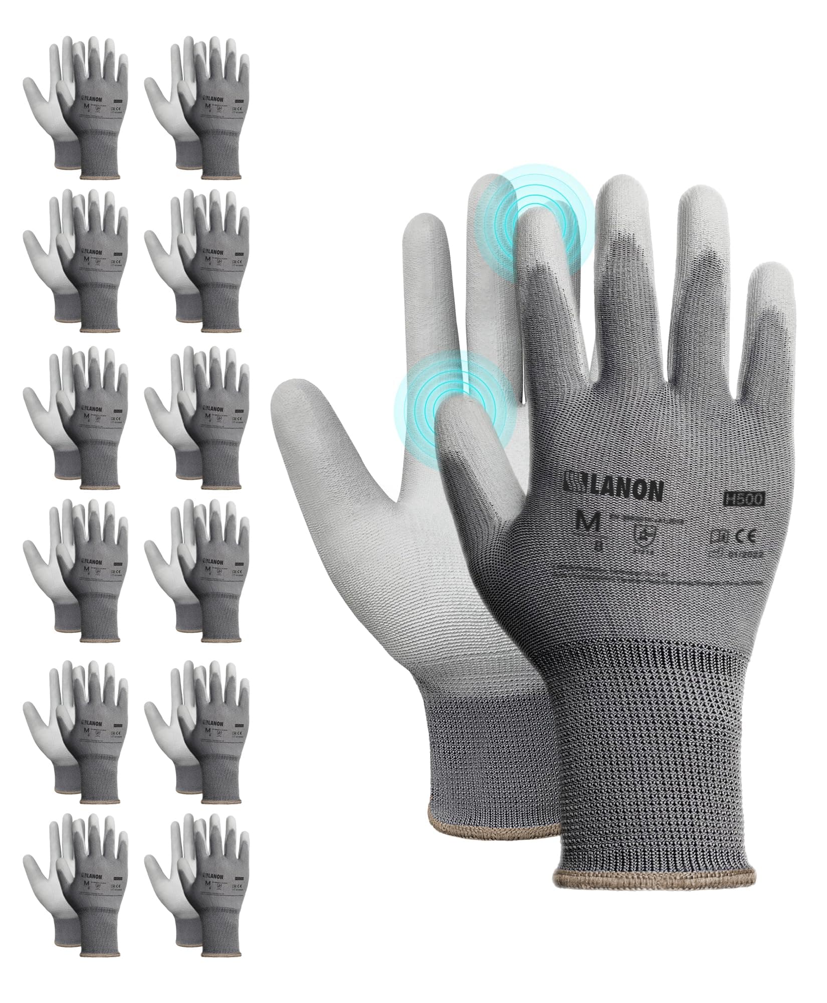 LANON 12 Pairs Grey Safety Work Gloves, PU Coated, Multipurpose Working Gloves for Men, Seamless Knit, Power Grip, EN 388, M/8