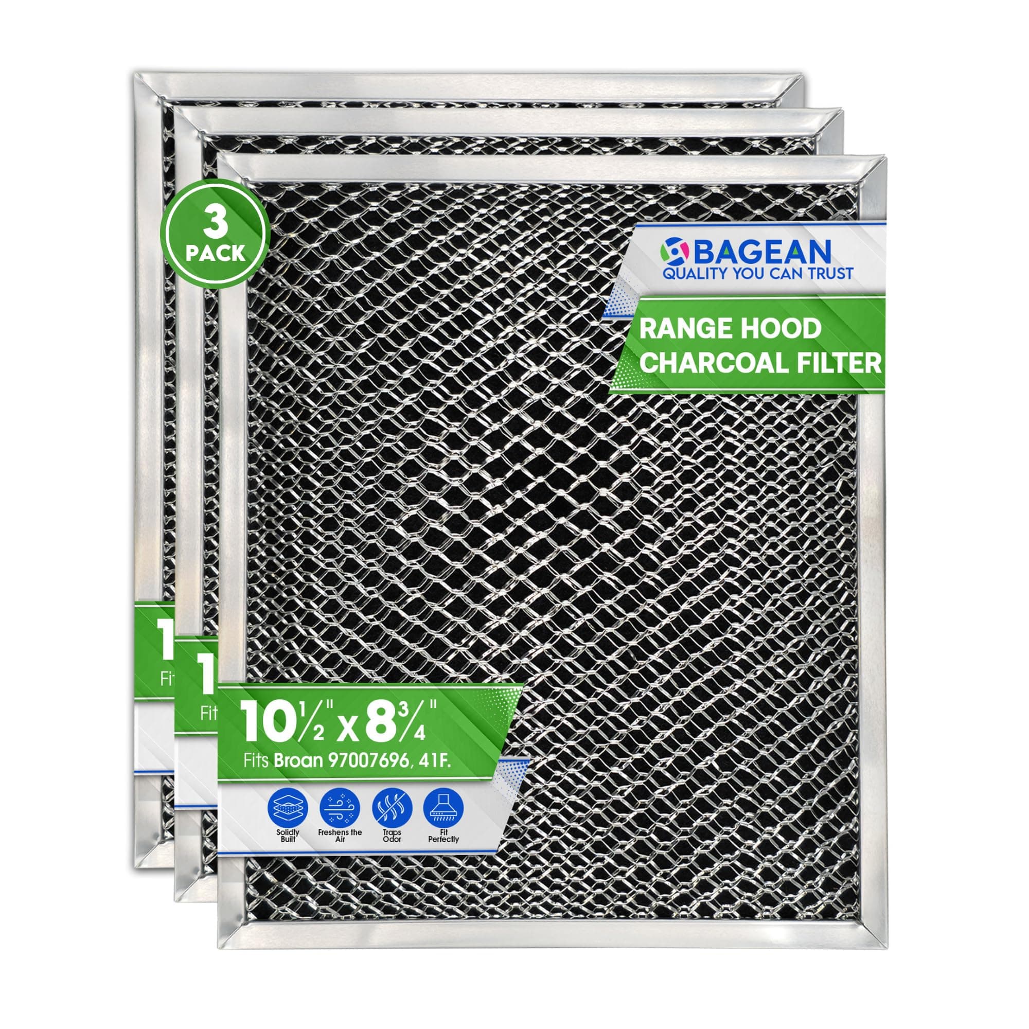 Stove Hood Vent Filter 10.5" x 8.8" 41F 97007696 Fits Nutone & Broan Range Hood Filter Replacement for Ductless Exhaust Fan - Mesh Screen Filters Grease & Carbon Freshens Kitchen Oven Air (3-Pack)