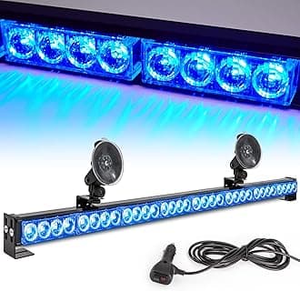 LE-JX Blue Emergency Strobe Light Bar 36in 13 Flash Patterns Traffic Advisor Warning Hazard Windshield Light Bar Safety Lights with Cigar Lighter for Police Vehicles, Cops Truck (35.5in, Blue 32 Led)