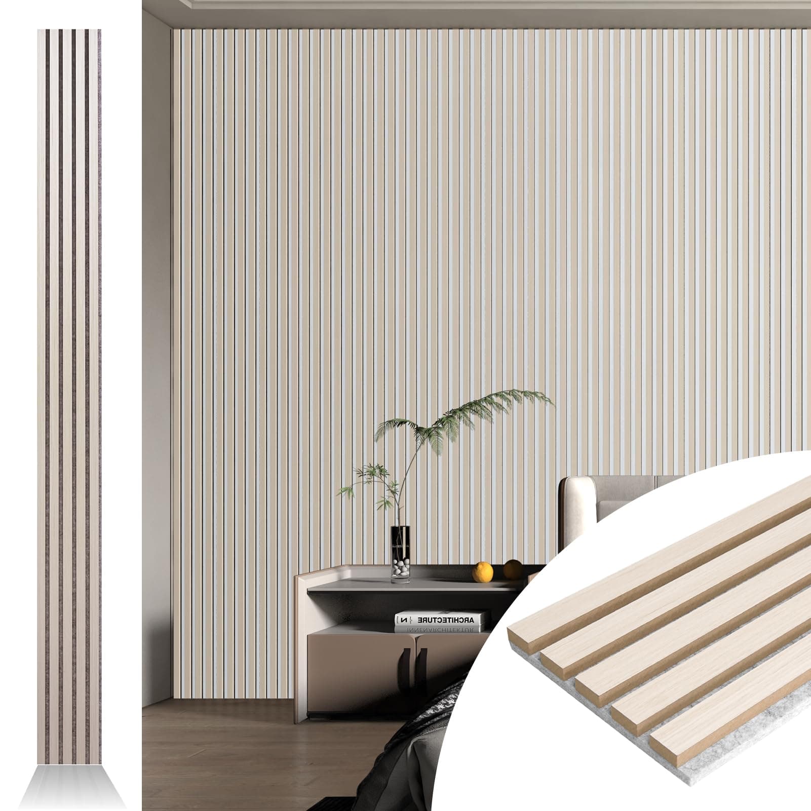 Art3d 4pcs-107 x 8in Slat Acoustic Panel for Wall and Ceiling, 3D Fluted Sound Absorbing Panel with Wood Finish, White Elm