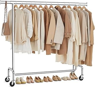 Clothes Rack with Wheels, Heavy-Duty Garment Rack with Extendable Hanging Rod, 286.6 lb Load Capacity, 17.7 x (43.3-59.1) x 64.1 Inches, Chrome-Plated, Silver UHSR11S