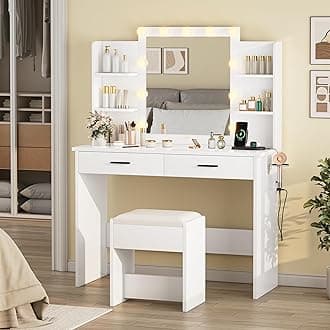 Farmhouse Vanity with Sliding Mirror and LED Lights, Makeup Table with 4 Drawers & Multi-Tier Storage Rack, Rustic Dressing Table Set for Bedroom (White 010)