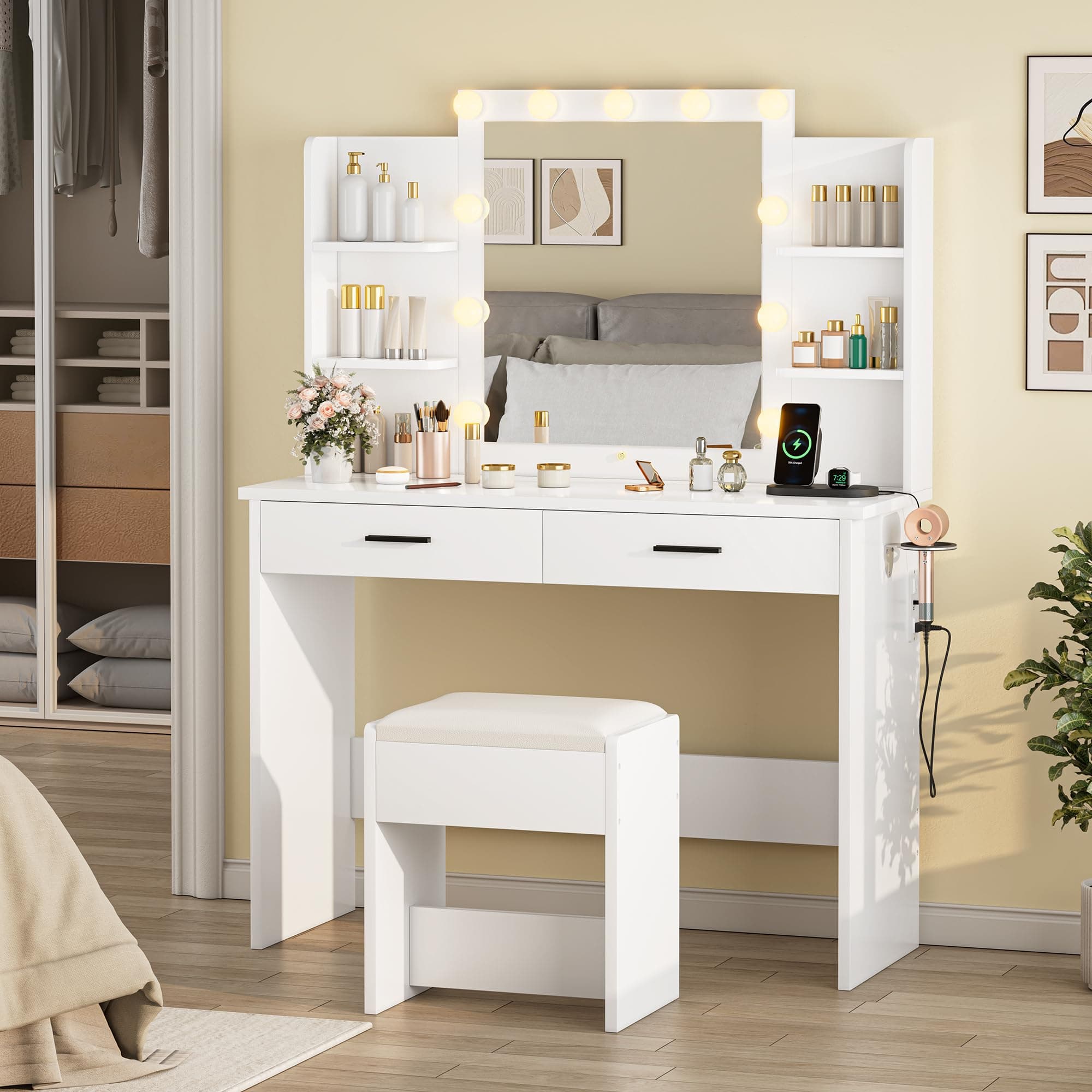 Farmhouse Vanity with Sliding Mirror and LED Lights, Makeup Table with 4 Drawers & Multi-Tier Storage Rack, Rustic Dressing Table Set for Bedroom (White 010)