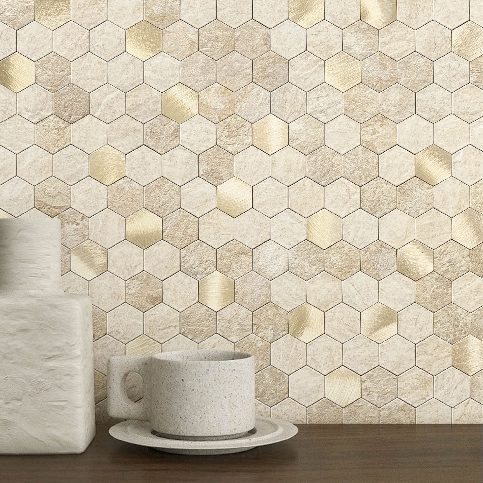 MOFIT Hexagon Peel and Stick Backsplash Tiles Kitchen,Self-Adhesive Metal and Marble Honeycomb Peel and Stick Wall Tiles Sticker Mosaic Heat Resistant(Beige,10sheets)