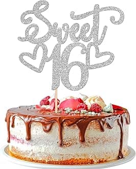 1 PCS Sweet 16 Cake Topper Glitter Heart 16th Birthday Cake Pick Hello 16 Cheers to 16 Years Old Birthday Cake Decorations for Happy 16th Birthday Anniversary Theme Party Supplies Silver