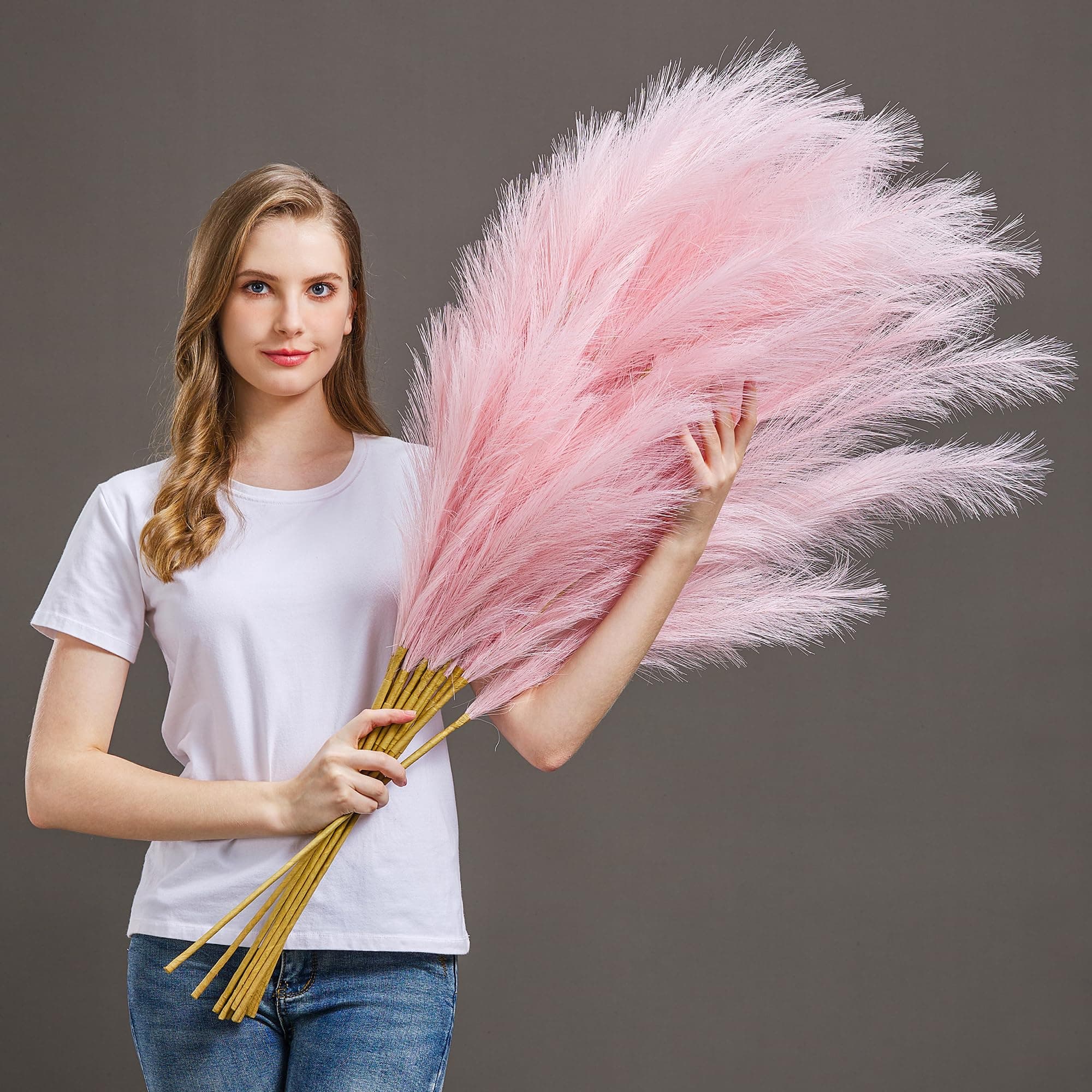 7 Pcs 45" Faux Pampas Grass – Fluffy Artificial Pompous Grass for Tall Floor Vase, Non-Shedding Home Decor, Boho Wedding Flowers, Baby Shower Centerpieces, Bedroom & Living Room Decor (Pink)