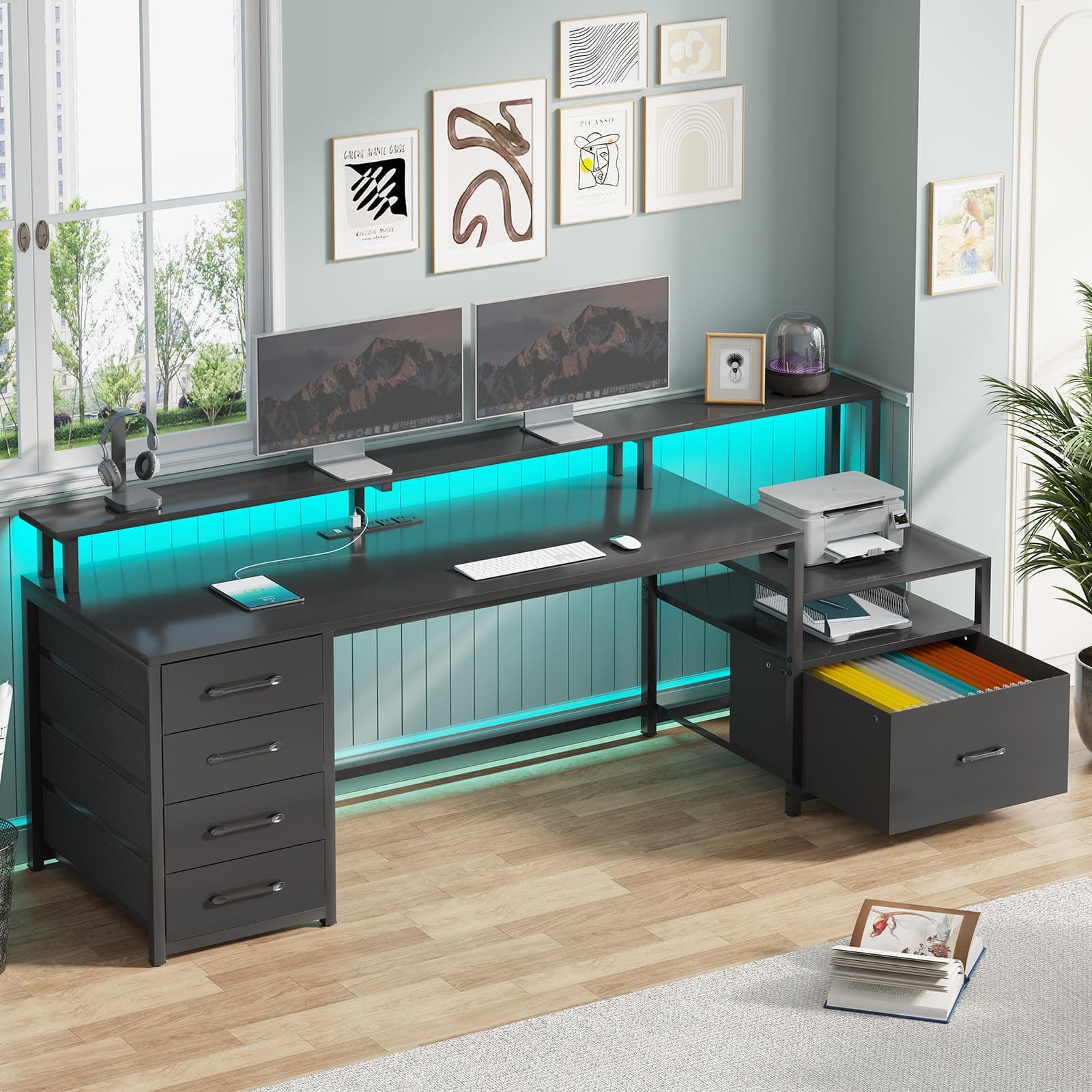 SEDETA Computer Desk with 5 Drawer, Power Outlet & Led Lights, 66'' Home Office Desk with File Drawer, Storage, Monitor Shelf, Gaming Desk, Black