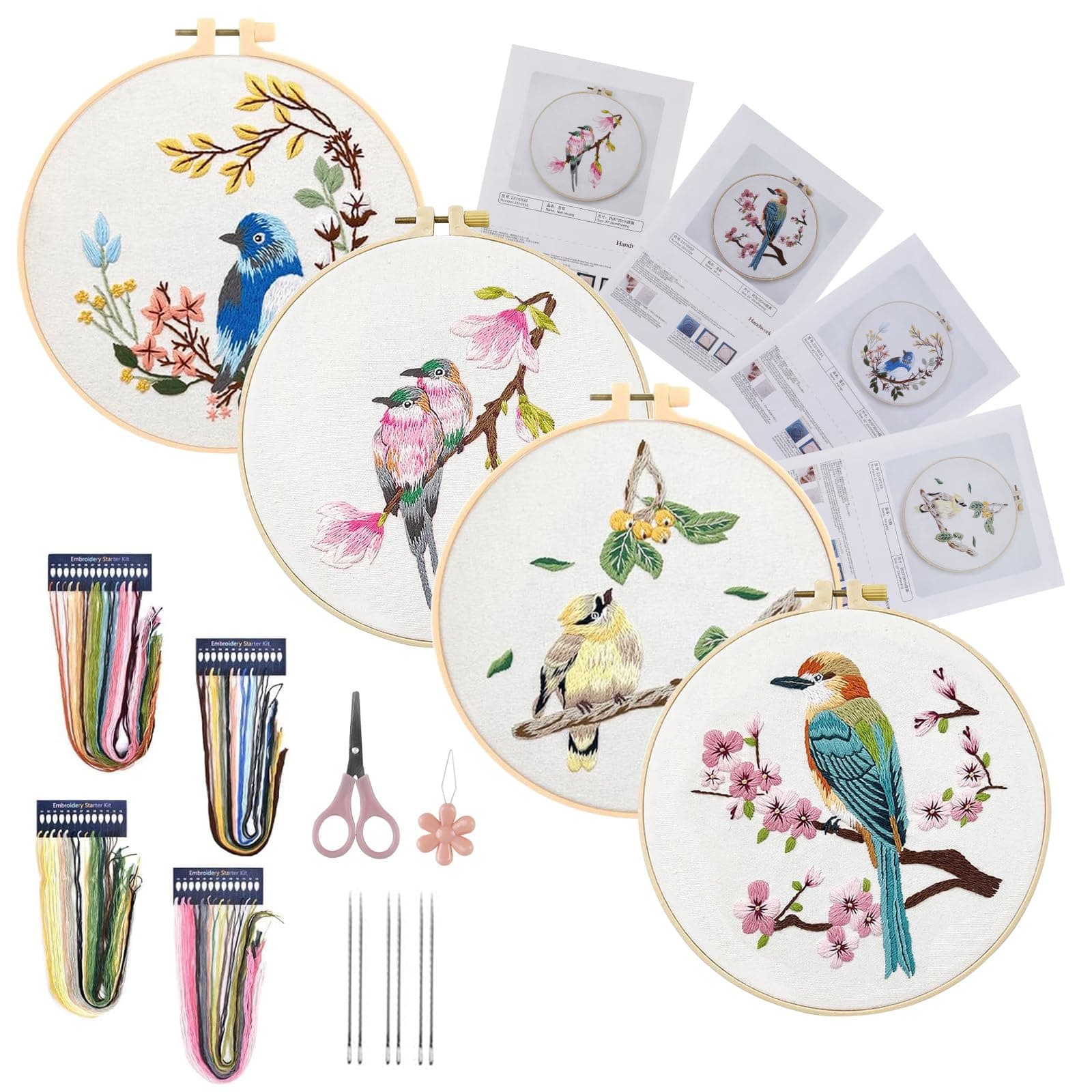 4 Sets Embroidery Kit for Beginners, Art Craft Handy Sewing Set Hummingbird and Flower Cross Stitch Starter Kits, Hand DIY Embroidery with Patterns Instructions, Easy for the Embroidery Beginners