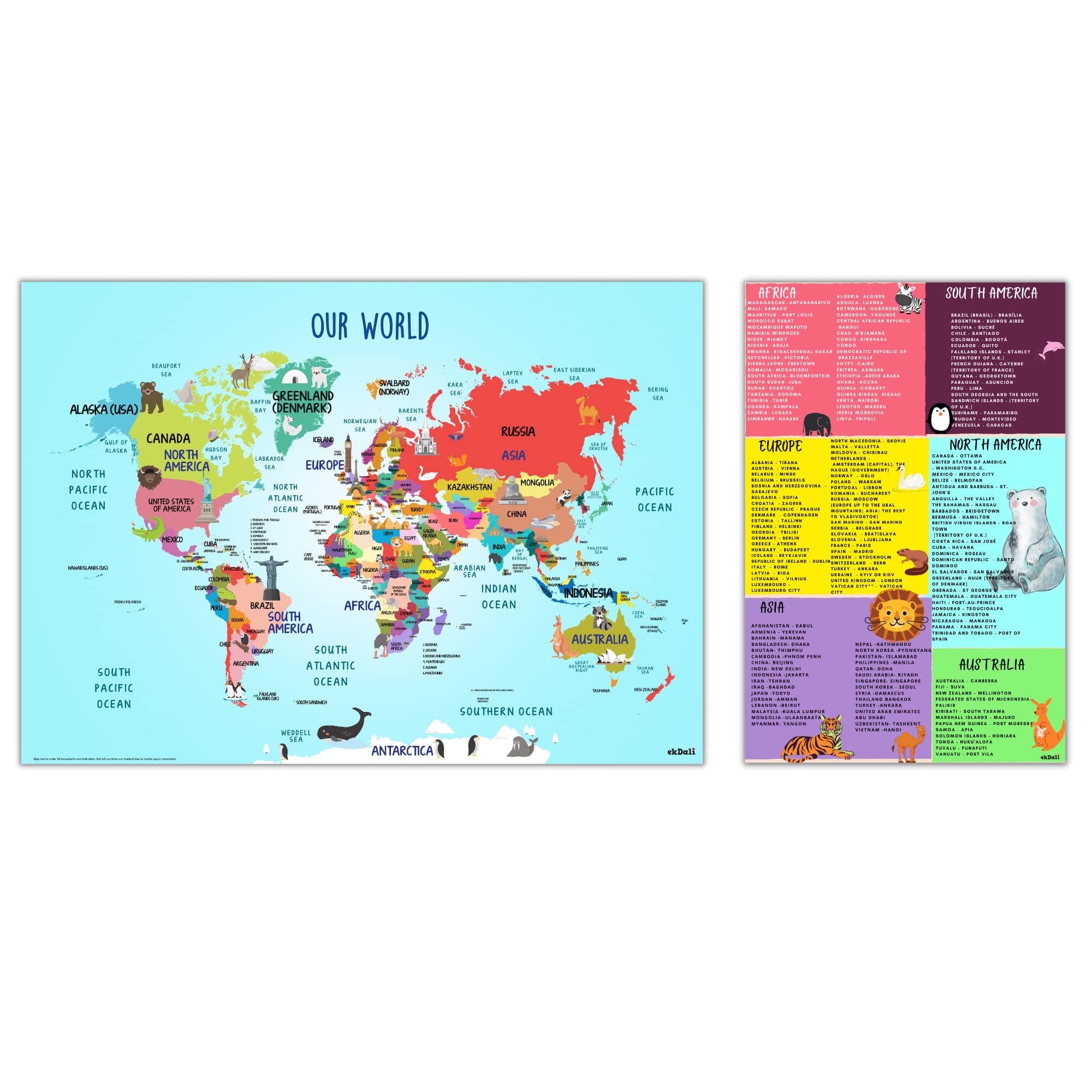 EKDALI World Maps with Capitals - Learn Capitals and Country |Educational Toy for Kids Above 5 Years, _Size 16.5 x 23.4 inch_Multicolour