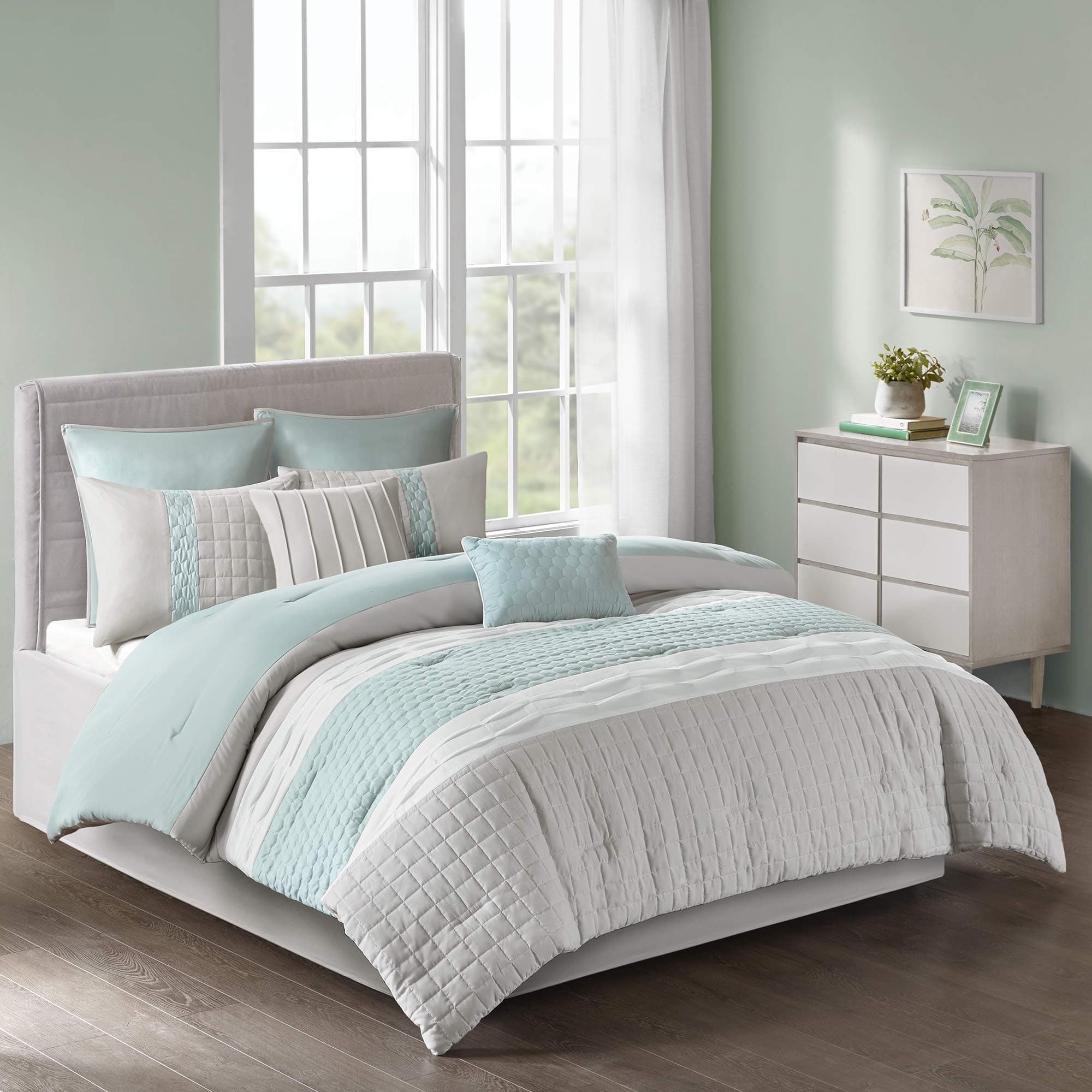 Cozy Comforter Set - Geometric Honeycomb Design, All Season Down Alternative Casual Bedding with Matching Shams, Decorative Pillows, King(104"x92"), Seafoam/Grey 8 Piece