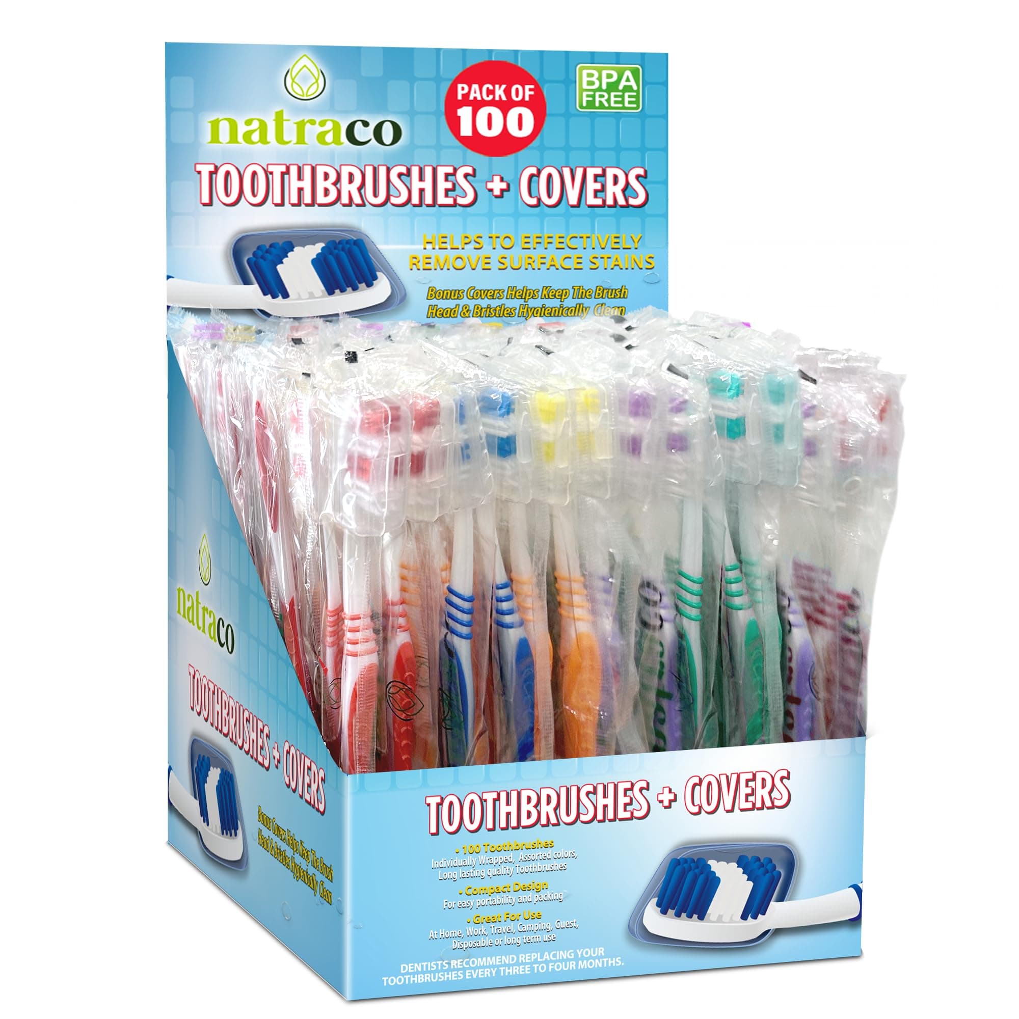 Bulk Toothbrush Pack with Covers | Premium Quality Individually Wrapped Colorful Tooth Brushes | Medium Soft Bristles for Travel, Donations, Hotels (100)