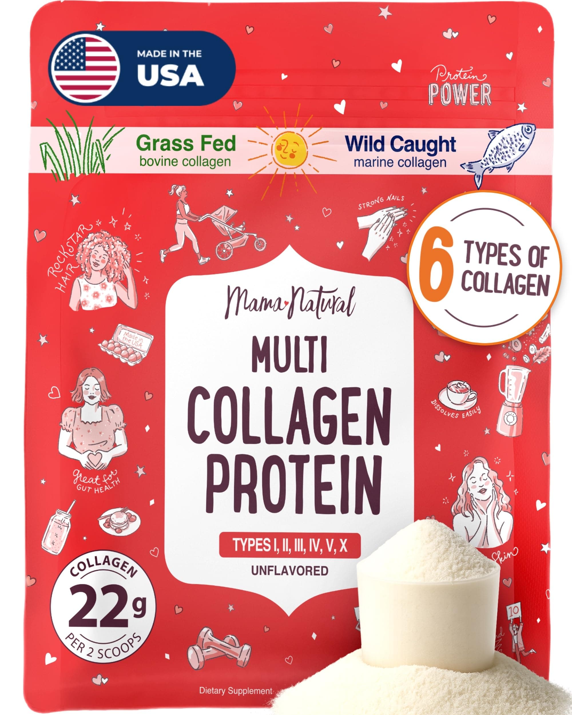 Mama Natural Multi-Collagen Protein Powder (Type I II III IV V X) Hydrolyzed Peptides | Grass-Fed All-in-One | Pure Premium Blend of Grass-Fed Bovine, Wild Fish, Eggshell Collagen (1LB)