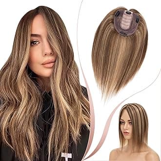 Elailite Human Hair Toppers For Women uk Thinning Hair Real Hair - Clip in Toupee Extensions MIDDLE SILK BASE (2.5 * 9cm) Crown HairPiece (#4/27 Medium Brown Mix Dark Blonde, 6 Inch)