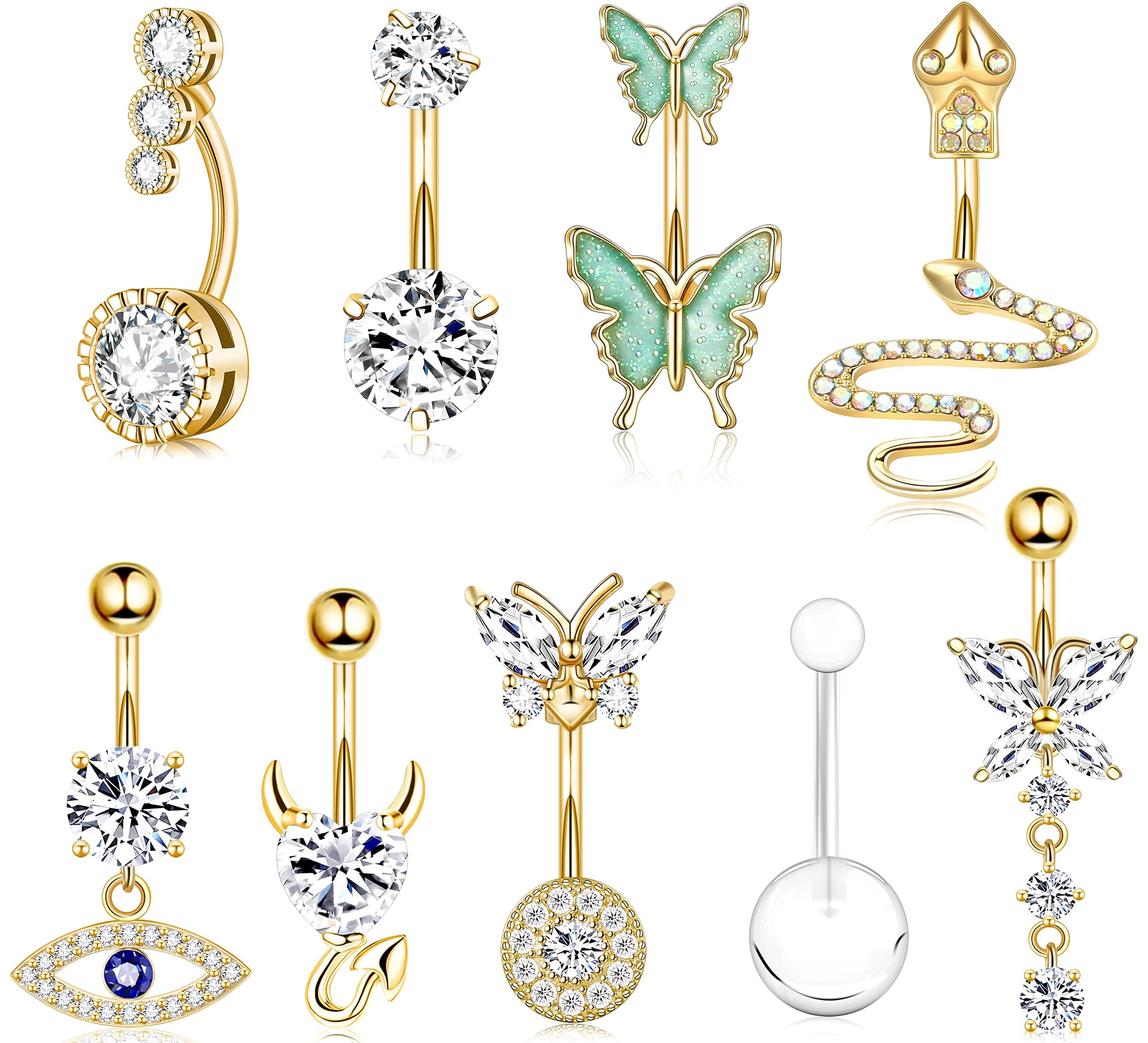 14G Belly Button Ring Dangle Gold Plated Cute Belly Rings for Women Belly Piercing Jewelry Pack with Snake Evil Eye Heart Butterfly Clear CZ Gold