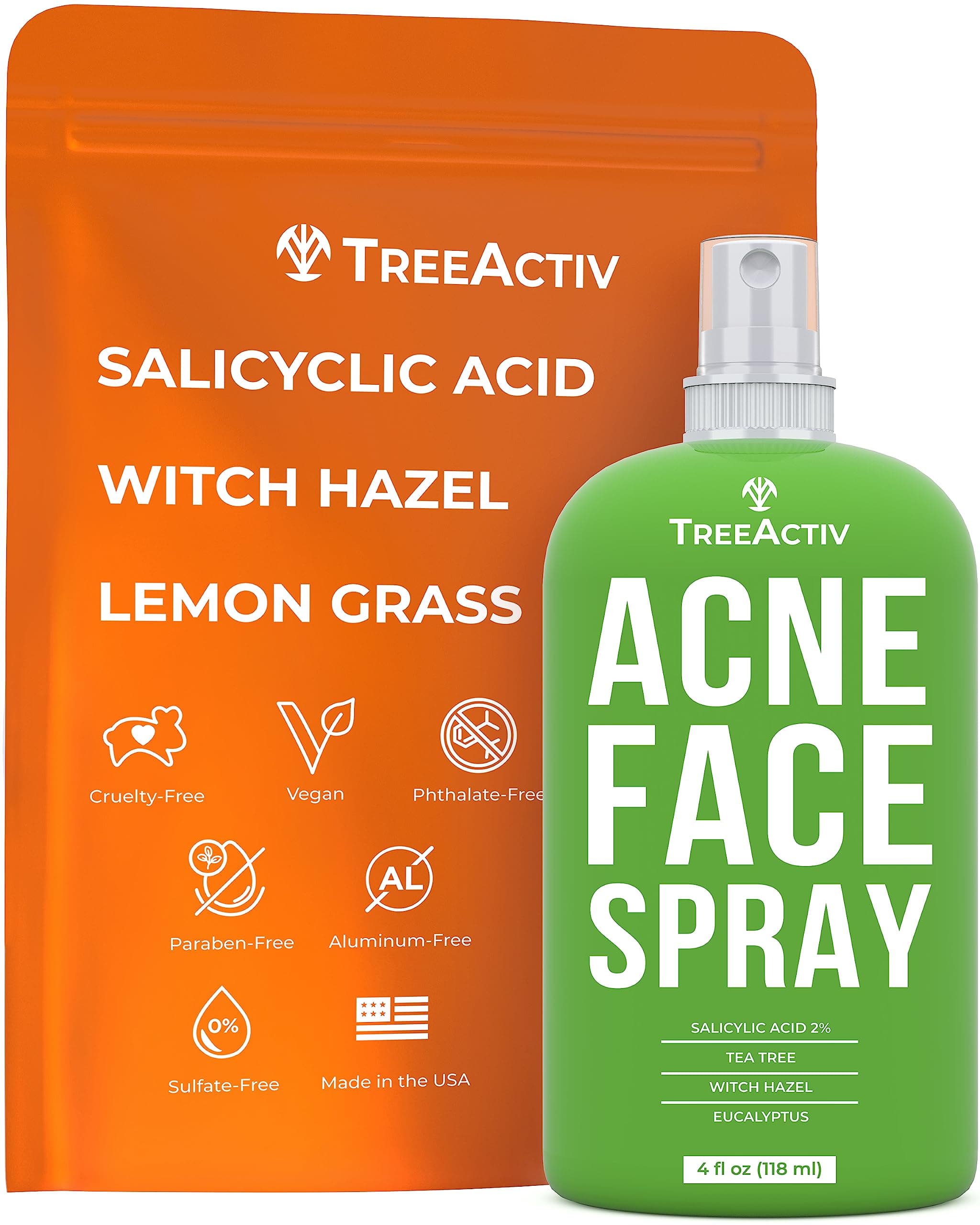 TreeActiv Acne Treatment Face Spray, 4 fl oz | Reduces Occurrence of Hormonal, Severe, & Cystic Acne, Clarifying Salicylic Acid Face Mist for Men & Women | Pore Minimizer for Face | 1000+ Sprays