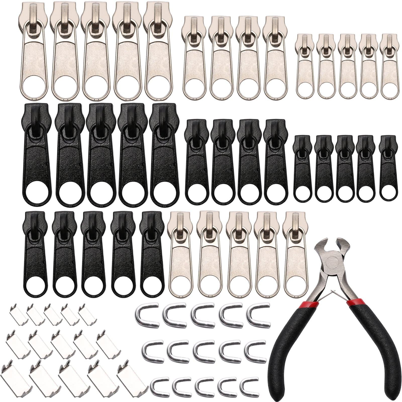 161 Pieces Zipper Replacement Pull Tabs Zip Fixer Zipper Repair Kit with Zipper Install Pliers Tool,Black and Silver